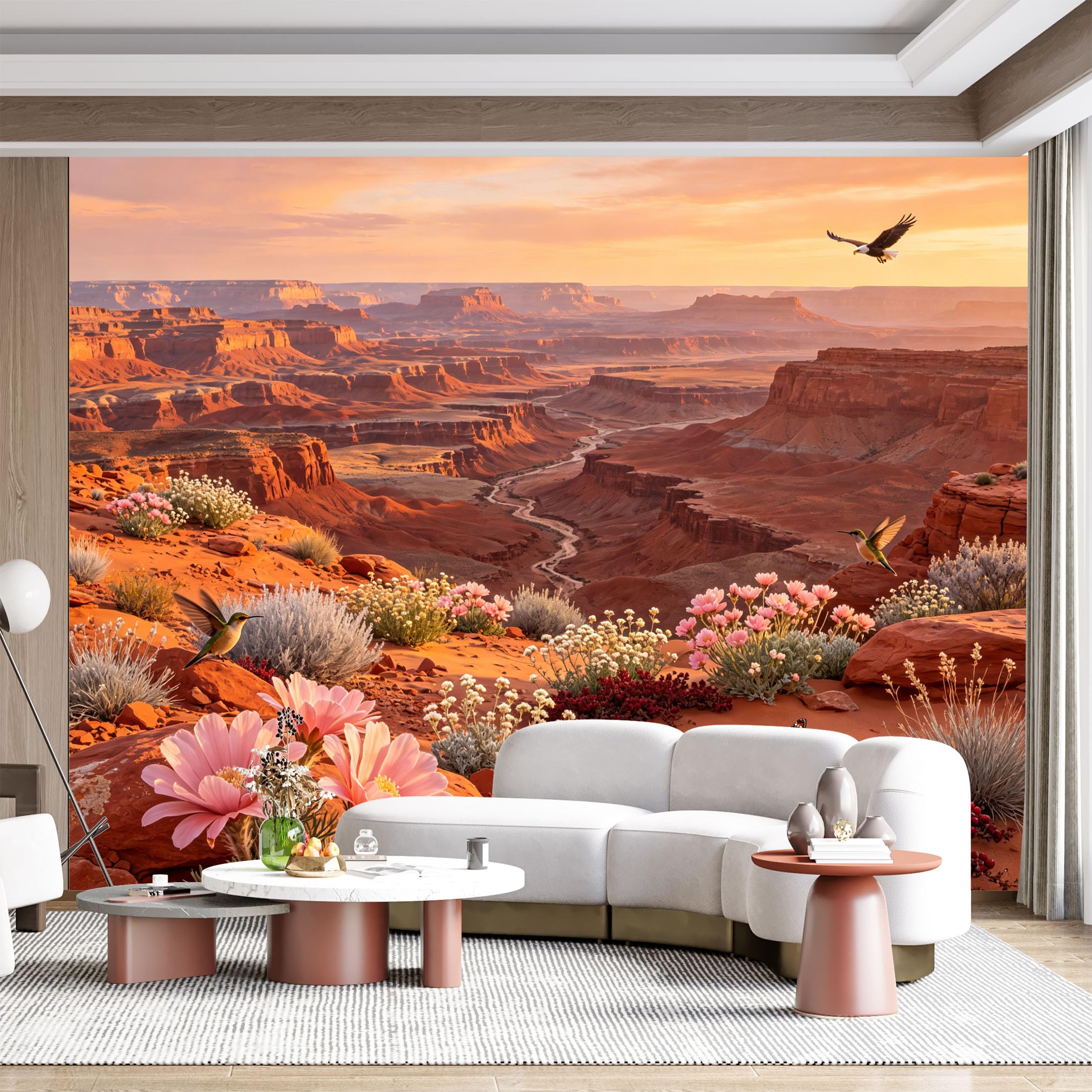 Custom Size Wall Mural Desert Landscape Floral Watercolor Eagle Flying SelfAdhesive Wall Fabric Removable for Home Office Decor