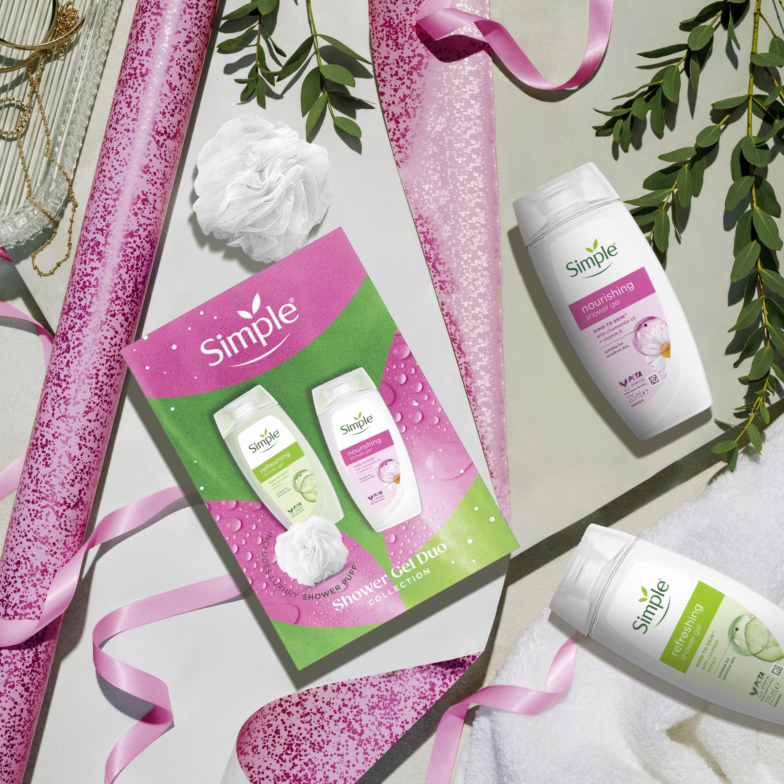 Simple Shower Gel Duo Collection Gift Set with two shower gels and a luxury shower puff perfect gifts for her 2 piece - Image 3