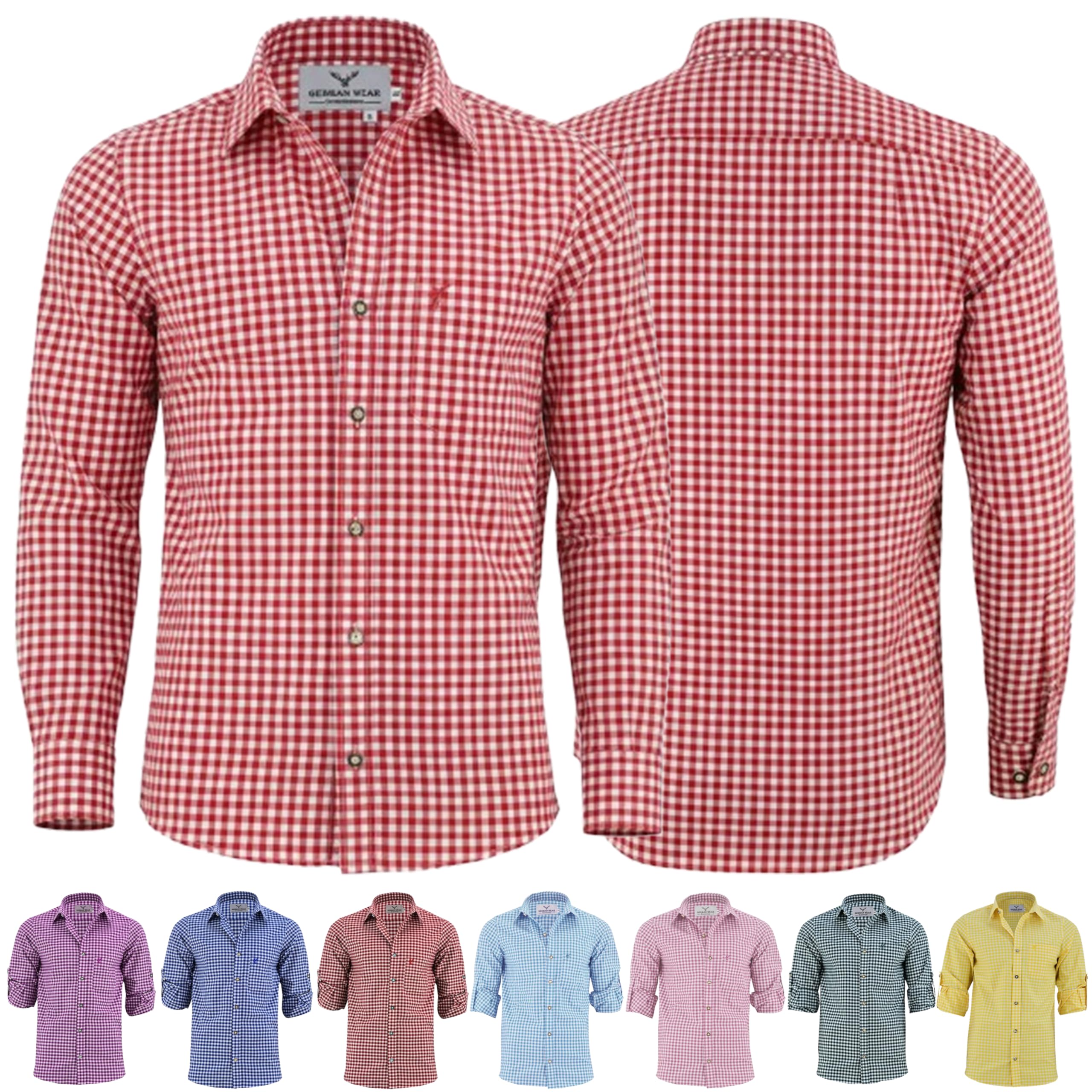 German Wear Trachtenhemden für Herren mit Langen Ärmeln, klassisches Karomuster, hochwertige bayerische Mode mit Hirsch-Stickerei und kardieten Ärmeln