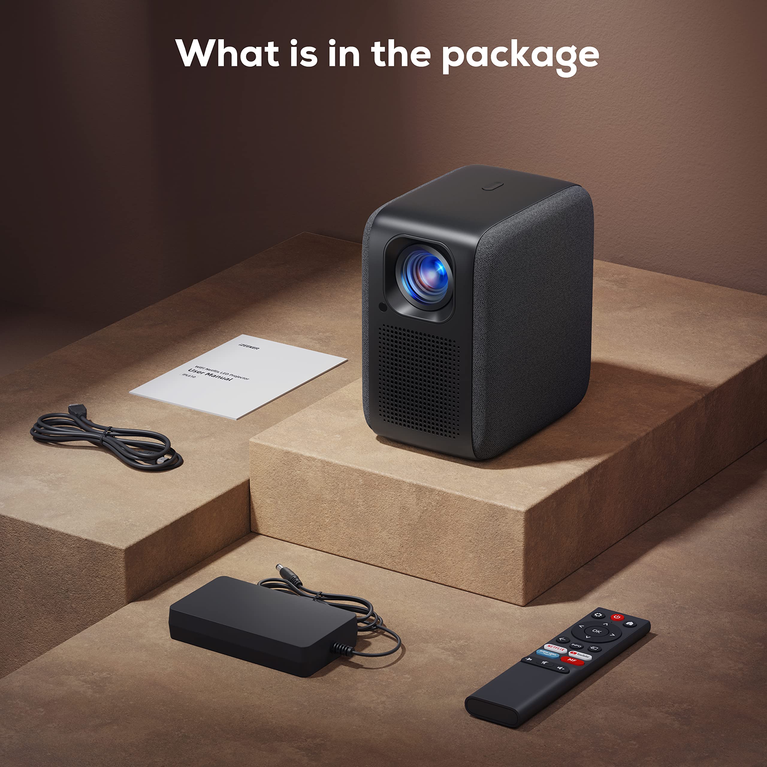 Proiettore【Netflix/YouTube/Prime Video Integrato】, Full HD 1080P 18000 Lux, iZEEKER 4K WiFi Bluetooth Proiettore Completamente Sigillato, Elettrica Focus 4D/4P Keystone Compatibile con Android/PC/USB