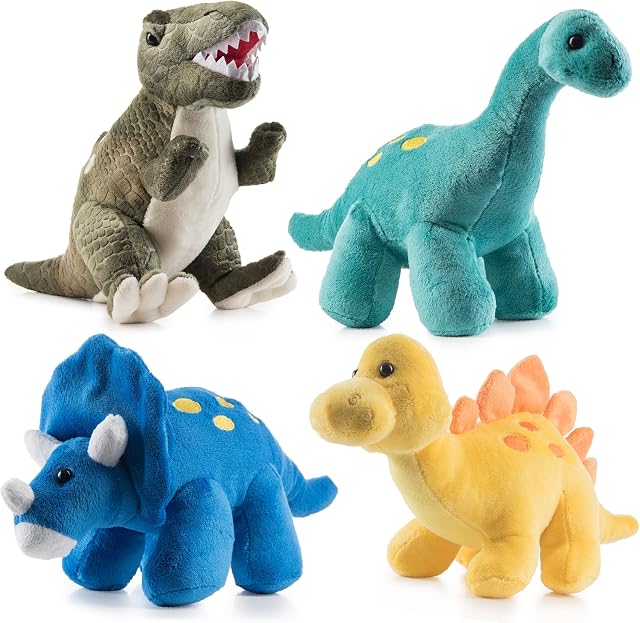 Prextex 8 Inch Plush Dinosaurs, 4pcs, Dinosaur Stuffed Animal, Cuddly Kawaii Plushies, Baby Toy Plushie, Cute squishmallow Dinosaur Teddy, Squishville/Birthday Gifts, Toys for Boys & Girls