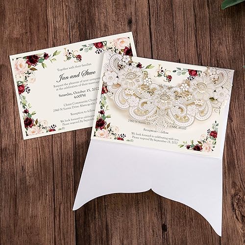 Miniatura 4 de DORIS HOME 50 tarjetas de invitación de encaje floral dorado blanco cortado con láser con sobres para invitaciones de boda, despedida de soltera,