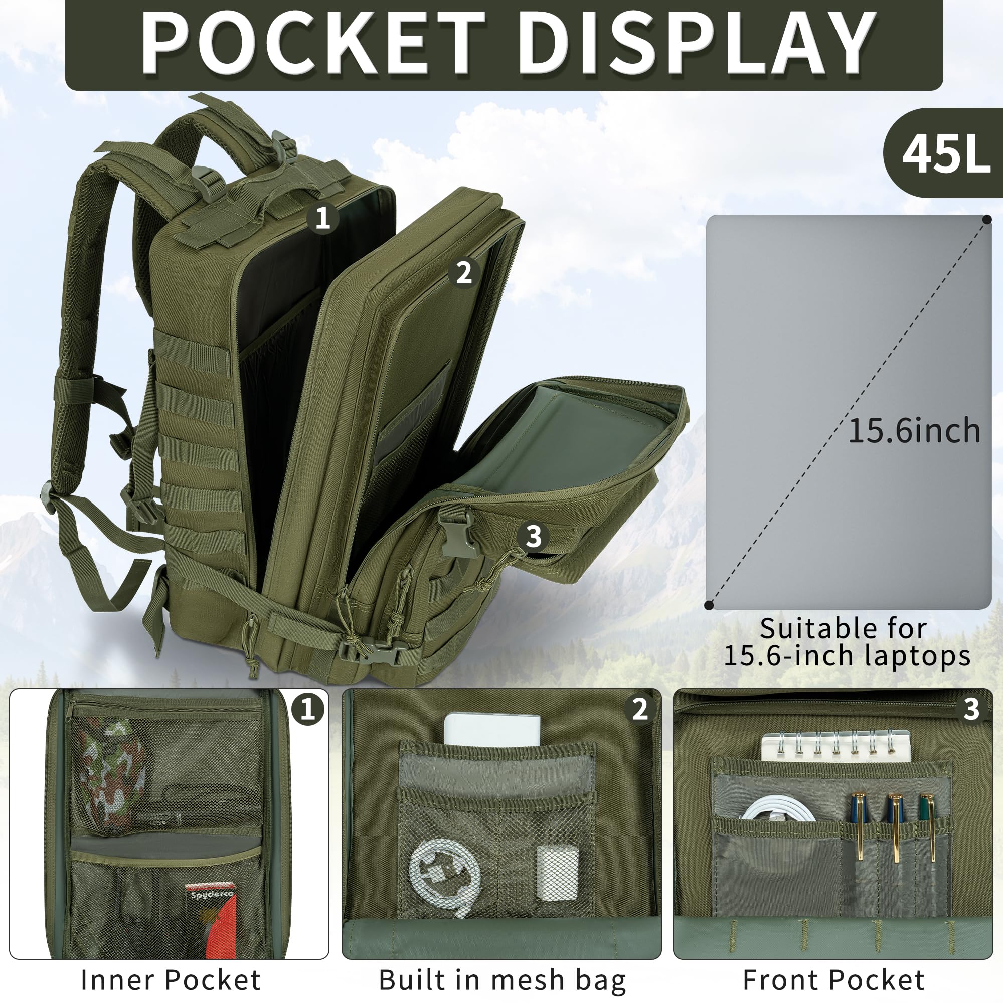 OUUTMEE Sac à dos tactique militaire (25 L/35 L/45 L), sac à dos MOLLE pour homme et femme, sac à dos militaire pour la chasse, le camouflage, sac à dos de 3 jours, sac pour ordinateur portable, sac