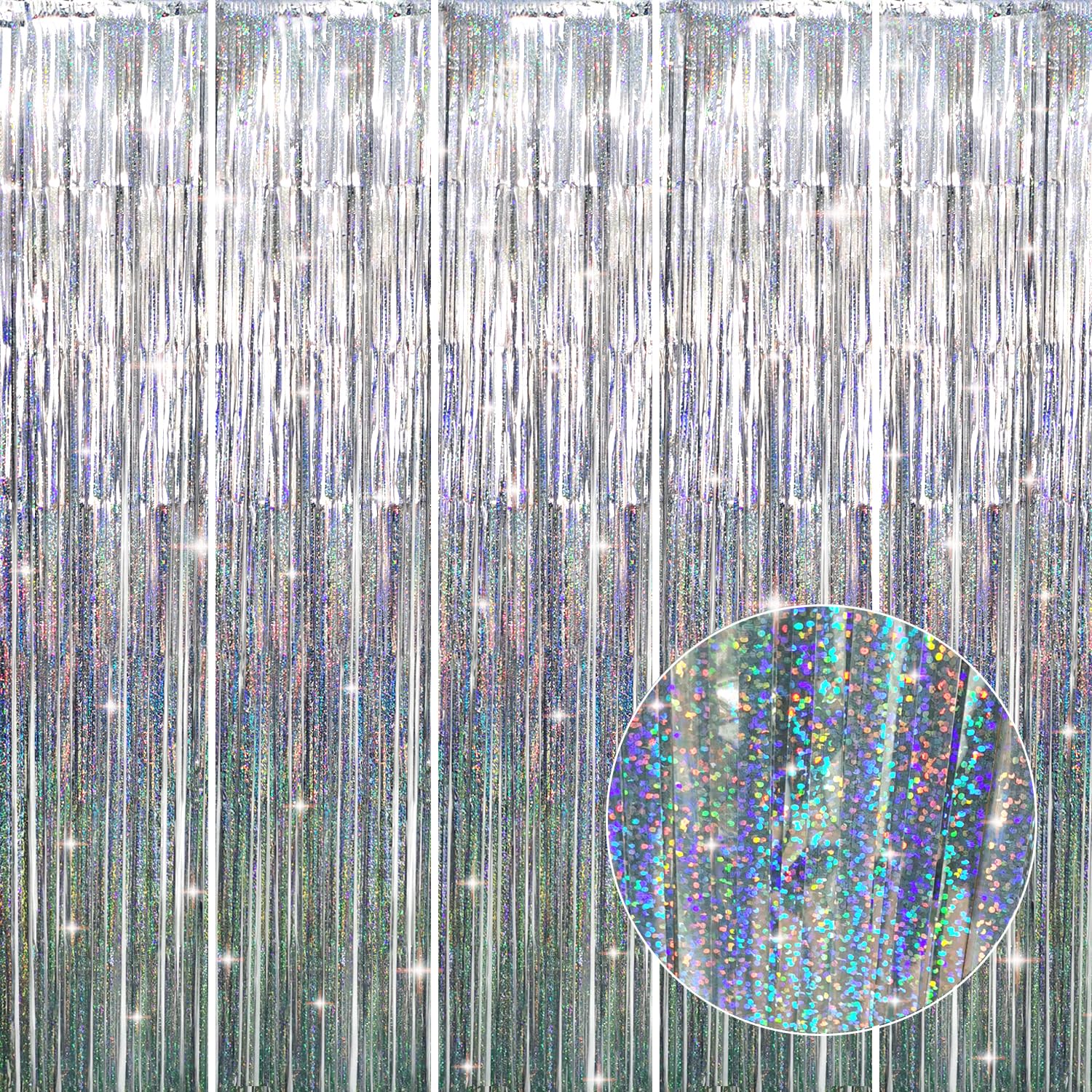 GOER 3.2 ft x 8.2 ft Metallic Tinsel Foil Fringe Curtains Party Photo Backdrop Party Streamers for Birthday,Graduation,New Year Eve Decorations Wedding Decor (5 Packs,Shiny Silver)