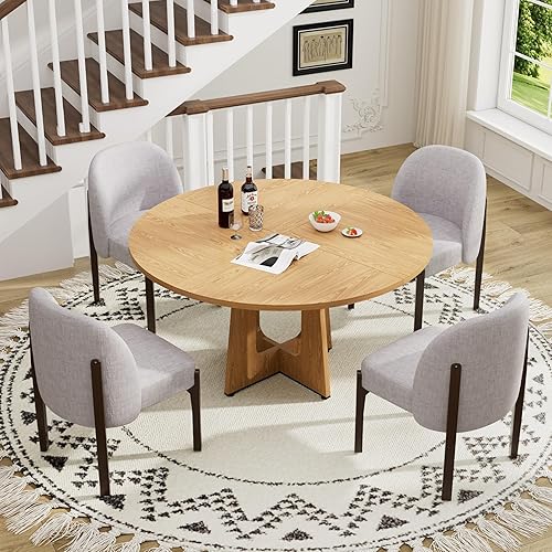 Miniatura 18 de Juego de mesa de comedor redonda de 7 piezas para 6, mesa de comedor de nogal de 47 pulgadas con base de pedestal doble + sillas de comedor