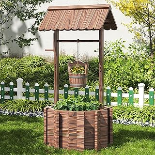 Oneinmil Wishing Well Planter for Yard, Outdoor Large Wooden Wishing Well with Hanging Bucket for Flower and Plants Wishing Well for Outside, Patio, Garden, Lawn Backyard Decor Upgrade Reinforced Base