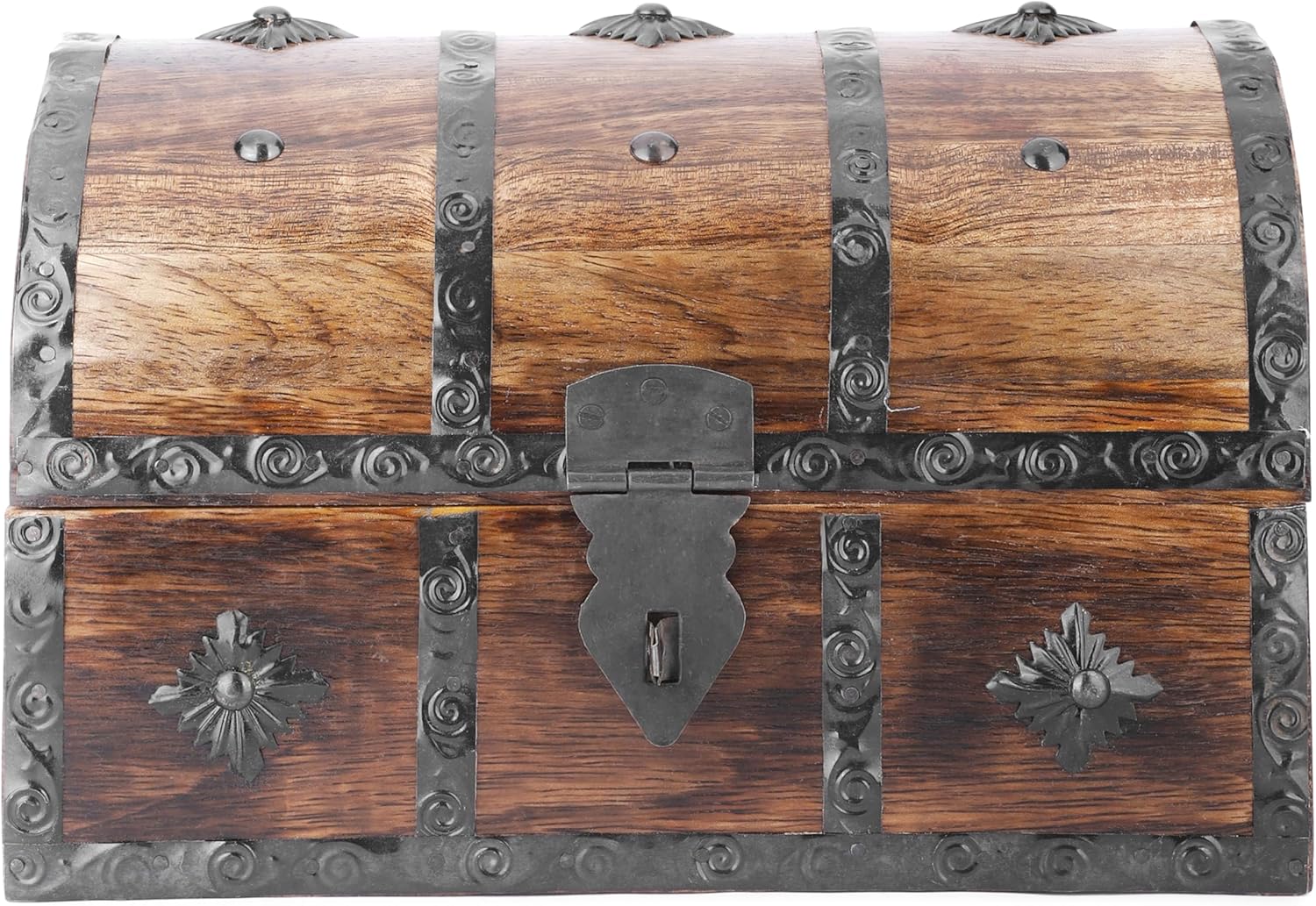 Ajuny Wooden Pirate Treasure Chest Jewelry Box, 9x6 Inch – Handcrafted Mango Wood Keepsake Storage Organizer with Shell Strip Inlay, Vintage Decorative Trinket Holder Gift for Women & Men