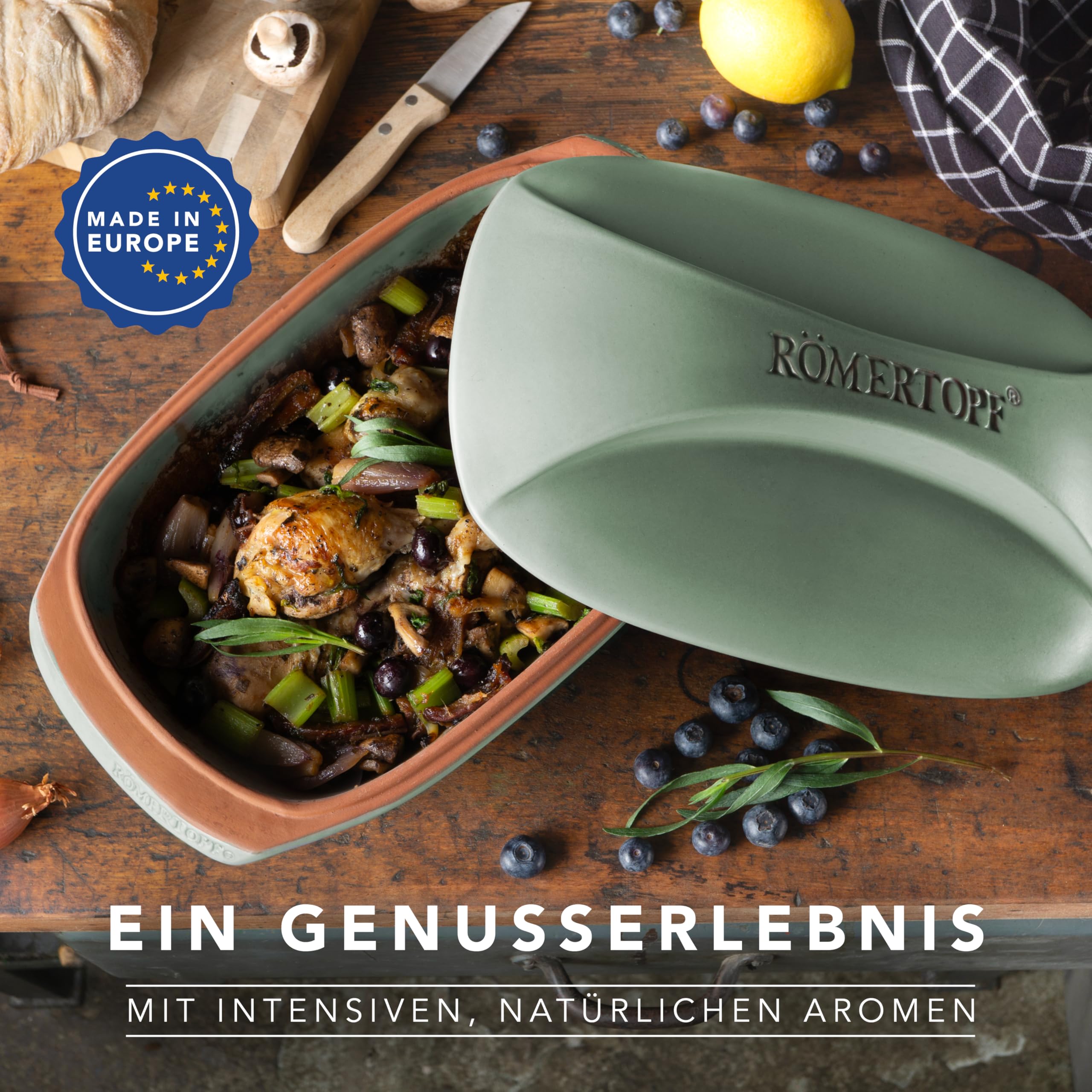 Römertopf CULINARIO – Cazuela de cerámica con tapa para 4 personas, 3 L, para guisar, asar y cocer al vapor, apta para horno y lavavajillas, verde