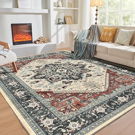 OPPODREAM Soft 8x10 Area Rugs, Washable Rugs 8x10 with Non Slip Backing, Faux Cashmere Low-Pile 8 x 10 Carpet, Black & Red