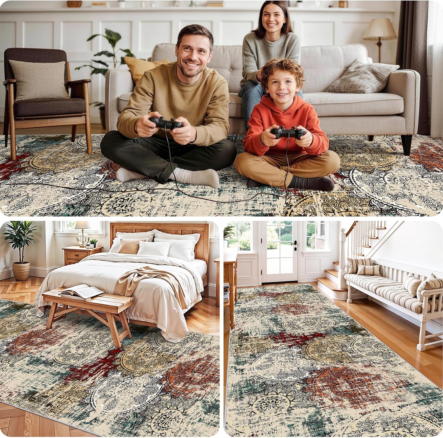 Non Slip 4x12 Runner Rug: Washable Low Pile Abstract Hallway Pet Owners Red image 5