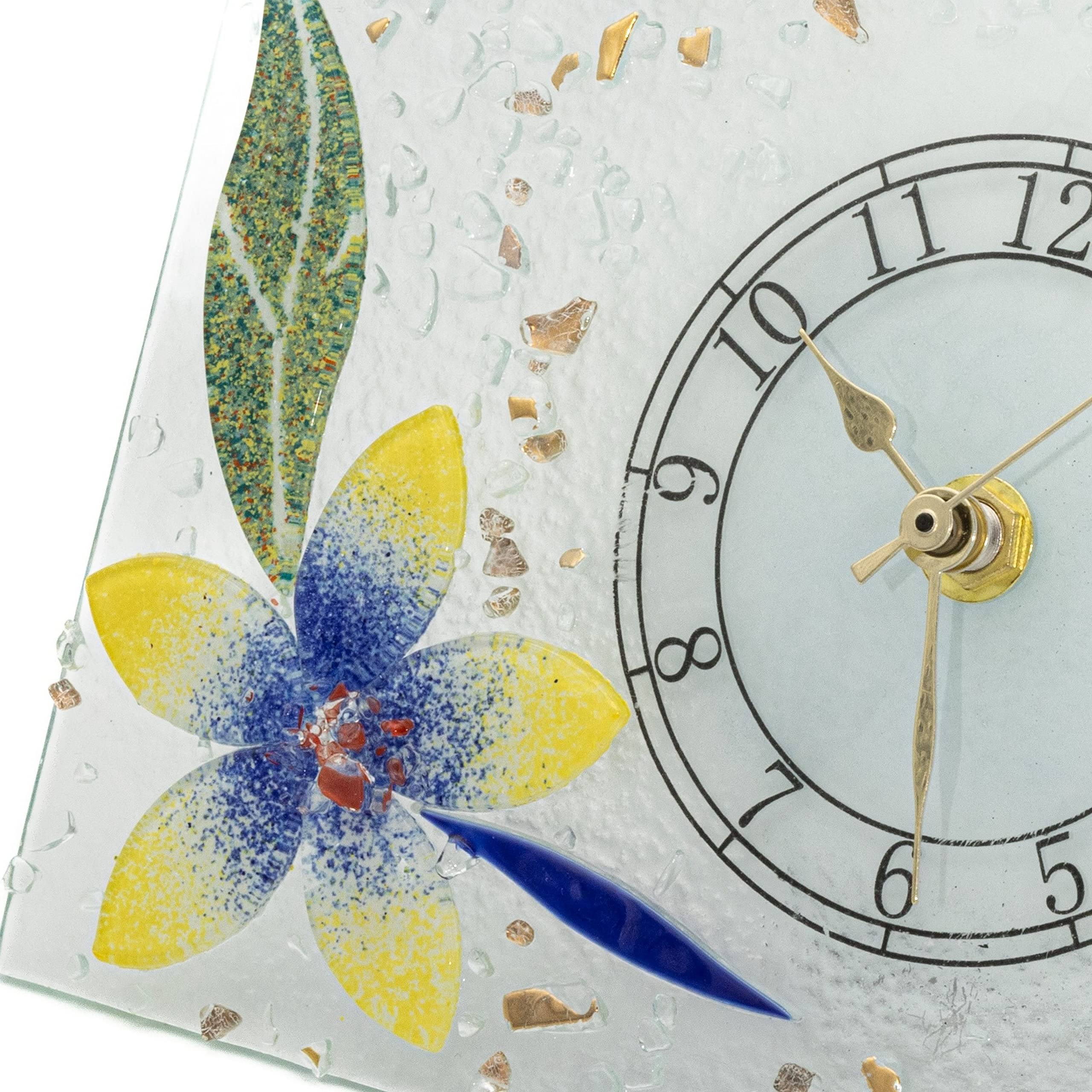 Sospiri Venezia Reloj de Mesa de Vidrio de Murano con Mecanismo Silencioso, Decorado con Diseño Floral Dorado, Hecho a Mano, Idea de Regalo, (18x15 cm)