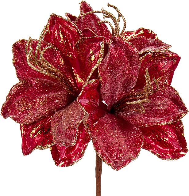 Oairse 3PCS Large Christmas Glitter Poinsettia Flowers 3 Heads Artificial Clivia Flower Picks 64cm Long Stem Red Xmas Ornaments for Christmas Tree Decorations Flora Arrangement Table Centerpiece