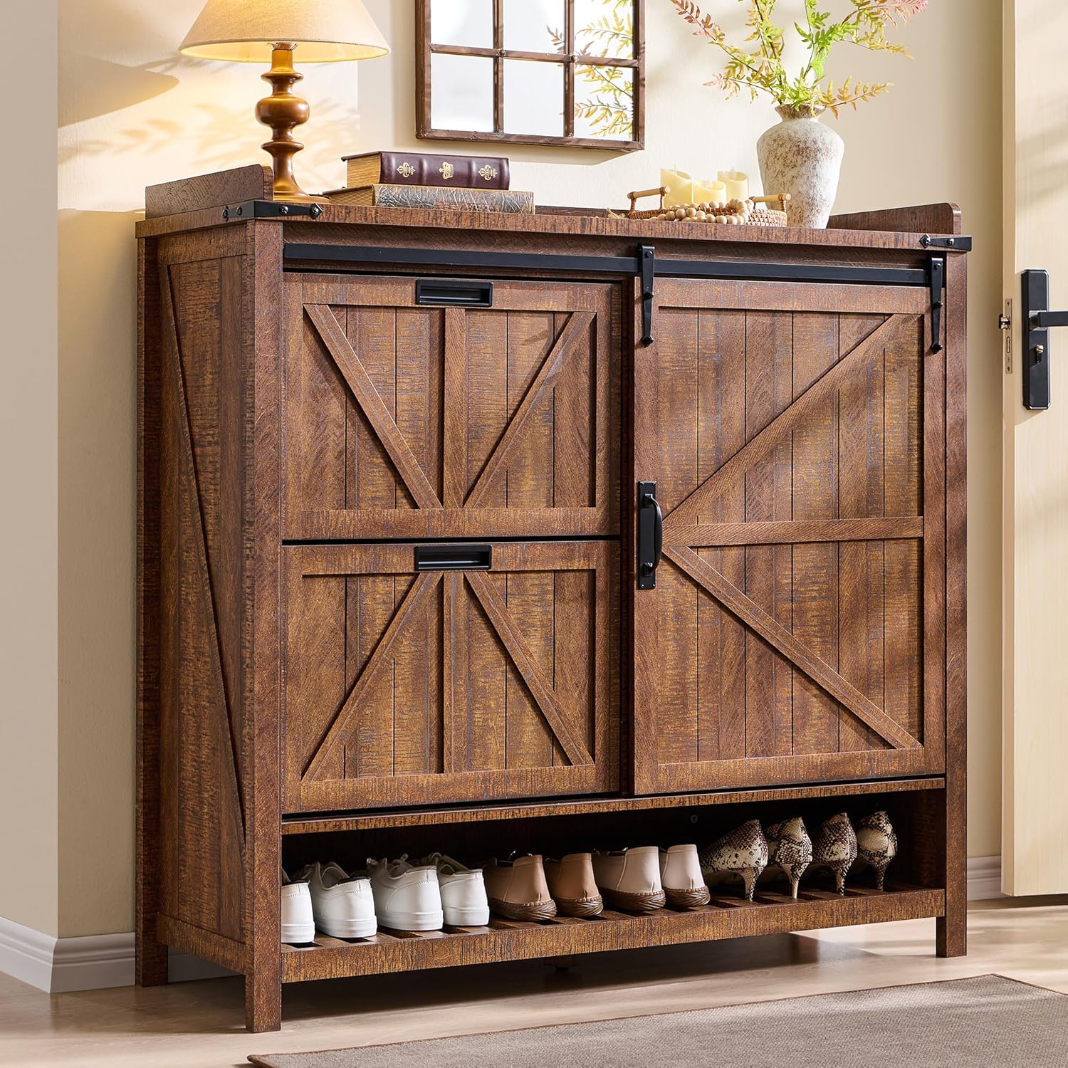 OKD Farmhouse Shoe Storage Cabinet with 2 Flip Drawers & Sliding Door - Rustic Reclaimed Barnwood Entryway Organizer
