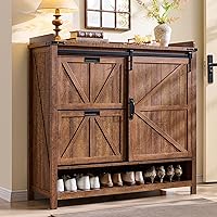 OKD Farmhouse Shoe Storage Cabinet with 2 Flip Drawers & Sliding Door - Rustic Reclaimed Barnwood Entryway Organizer