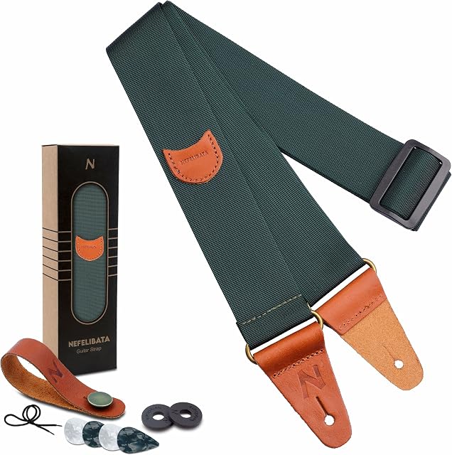 Padwa Lifestyle Dark Green Guitar Strap -Vintage Nylon Full Grain Leather Ends Straps with Pick Pocket for Bass, Electric & Acoustic Guitar, Come Free Button, 1 Pair Locks and 4 Picks
