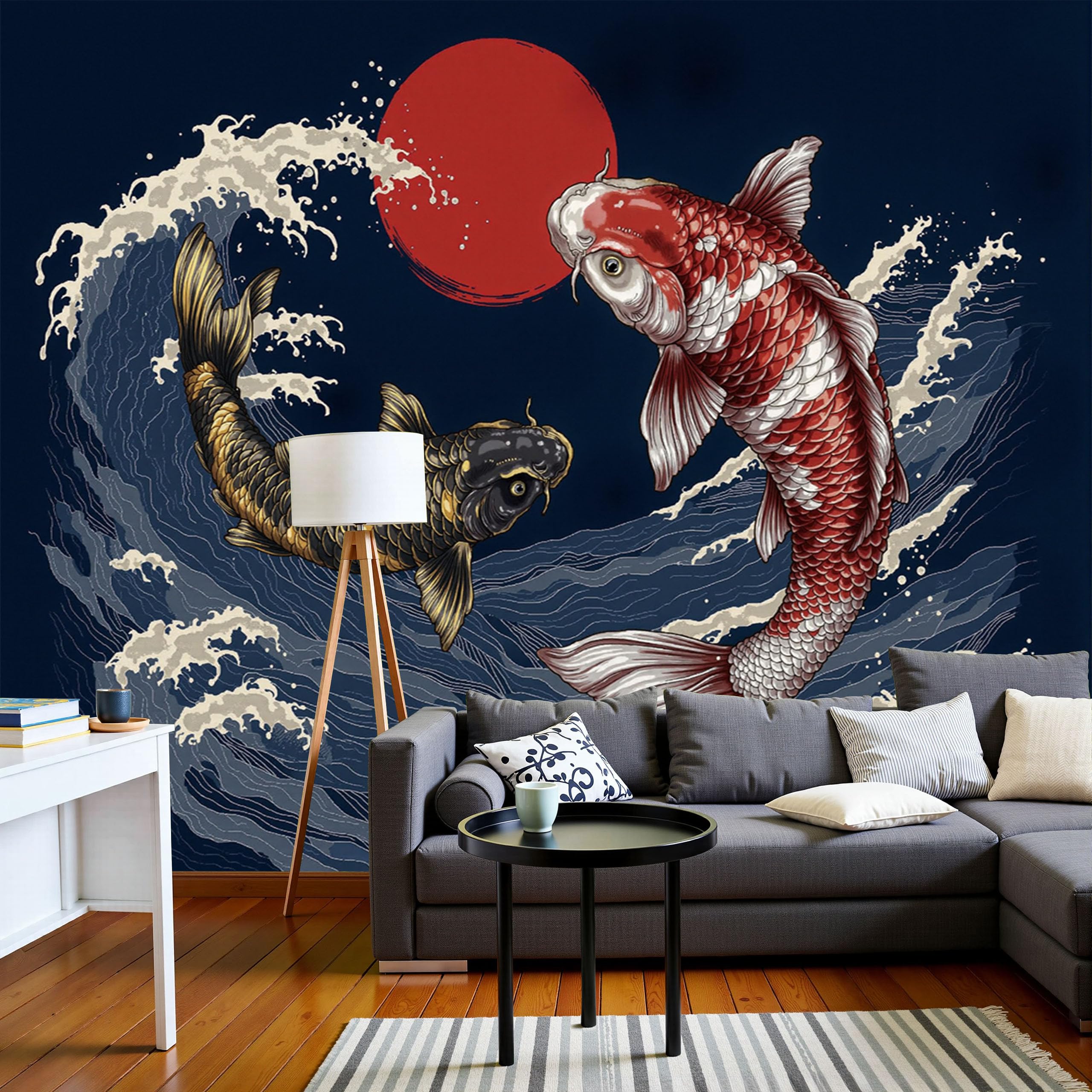Papier peint vagues océaniques et poissons koi panoramique ukiyo-e 200x140cm pour décoration murale
