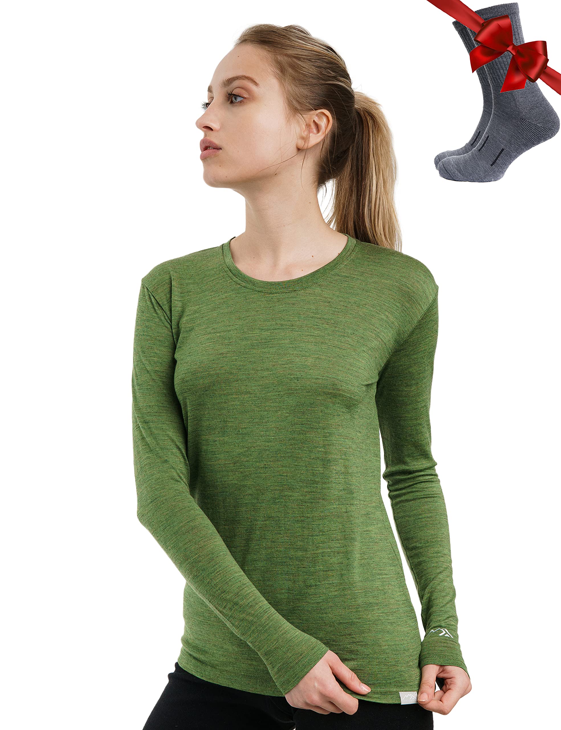 Merino.tech Camiseta Lana Merino Mujer - 100% Merino Camiseta Interior Termica Mujer Ligero con Calcetines (Small, 165 Green Olive)