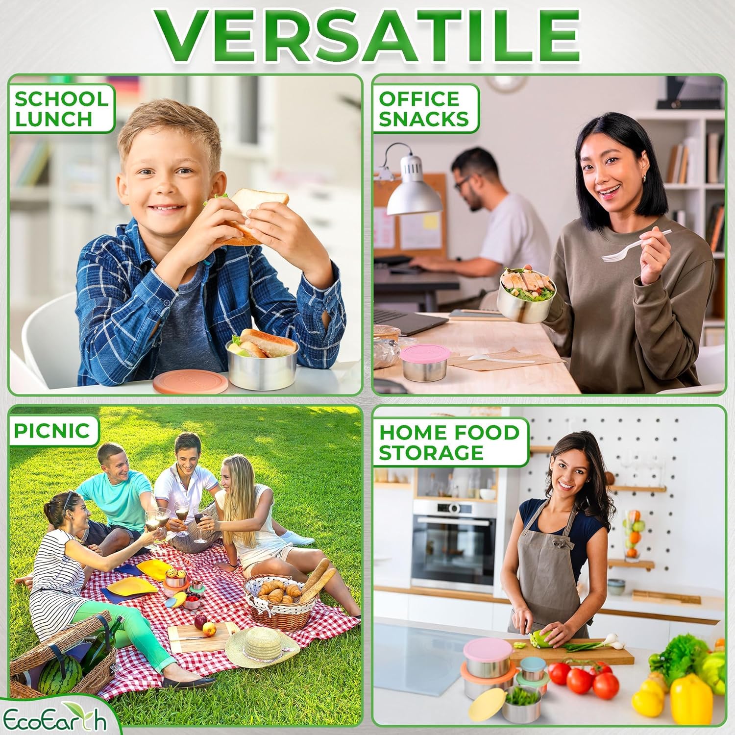 EcoEarth - Stainless Steel Food Storage Containers with Silicone Lids - Stackable Set of 5, Round Nesting Sizes - Meal Prep & Snack Lunch Box Supplies - Plastic Free, Airtight & Leakproof for Travel - Image 8