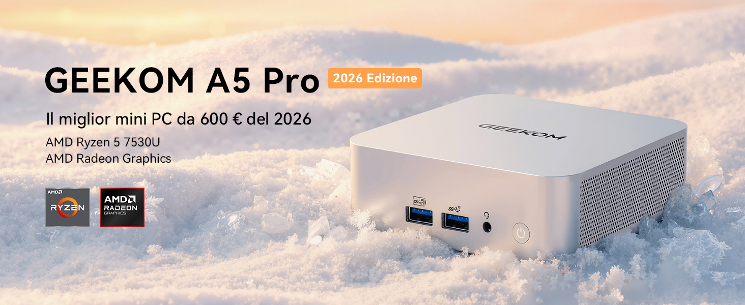 GEEKOM A5 Pro 2026 Mini PC with AMD Ryzen 5 7530U, 1TB SSD and