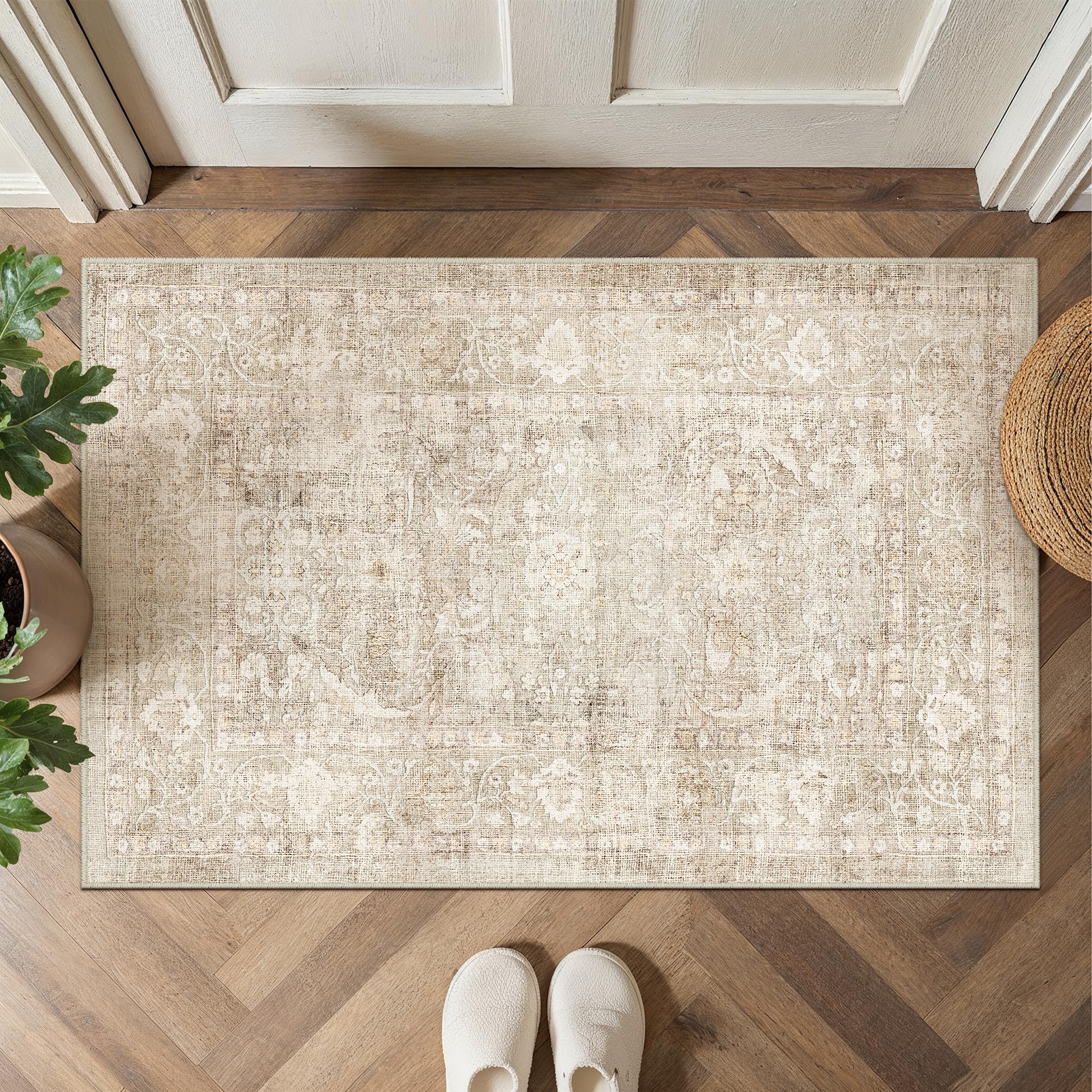 WondRg 2x3 Beige Washable Area Rug for Entryway Neutral Soft Non Slip Small Carpet Low Pile Vintage Distressed Door Mat for Entrance Bathroom Bedroom Indoor