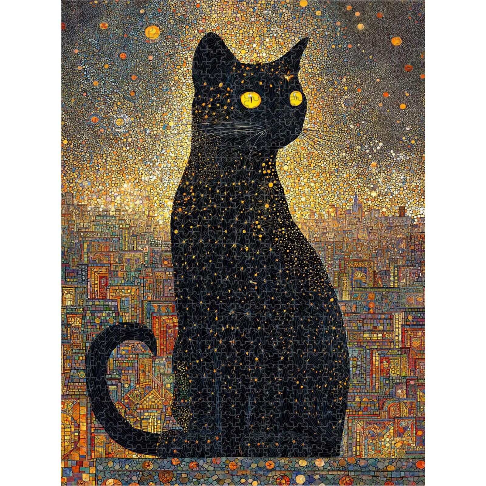 1000 elementów, puzzle dla dorosłych, kot i miasto, drewniane puzzle 1T#1300 | Drewniana konstrukcja, precyzyjne cięcie, jasne kolory, statyczne hobby, relaks, dekoracja domu, prezent, 50 x 75 cm