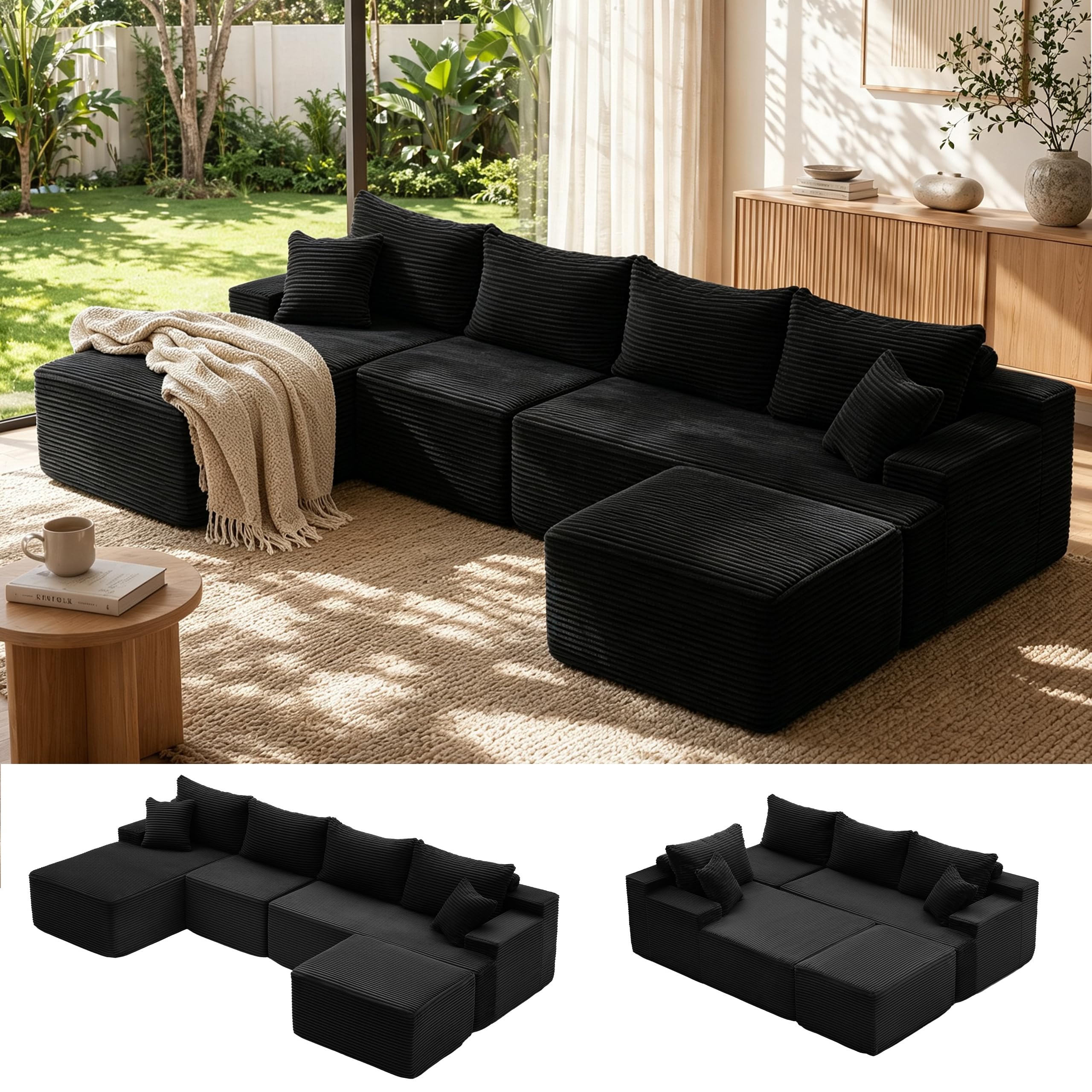 Mangodan Cloud Sectional Couch, Boneless Couches for Living Room, Black