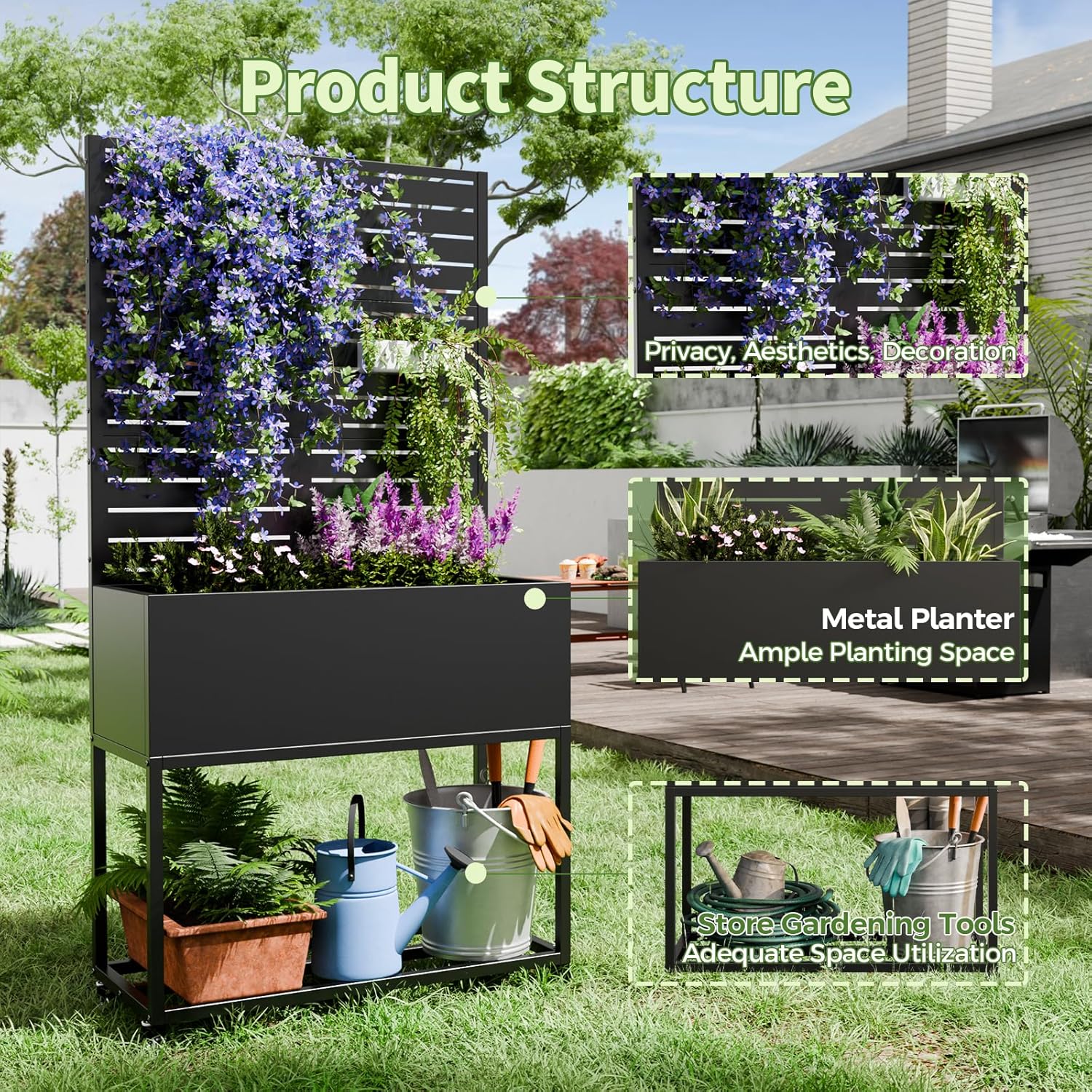 Metal Planter Box with Trellis,67" H x35 W Raised Garden Beds with Privacy Screen for Climbing Plants Flower, Elevated Standing Planter Garden Bed with Drainage Holes for Outdoor Patio,Black