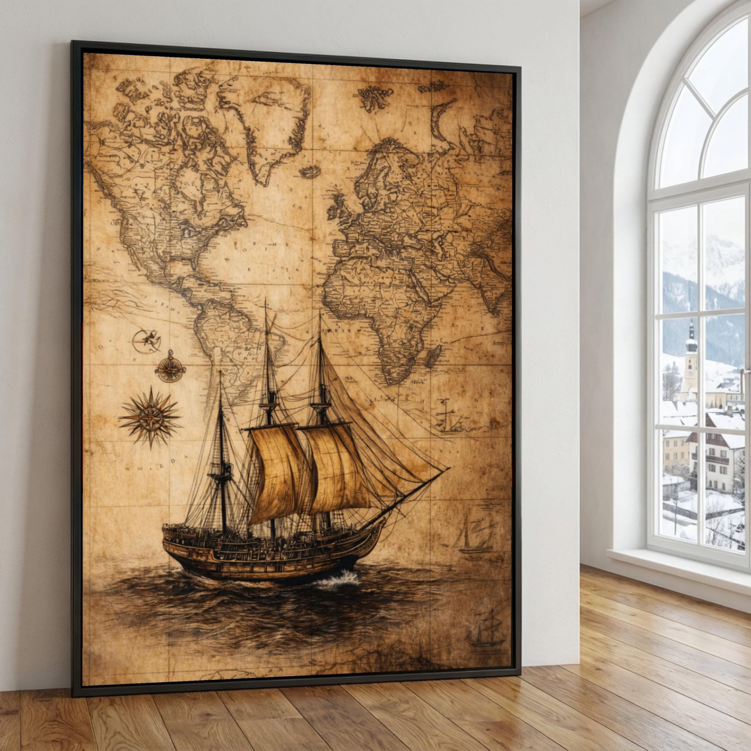 Vintage Sailing Ship Oil Painting Canvas Art, Antique Map Wall Pictures, Nautical Home Decor Posters Print(50x75cm/Frameless)