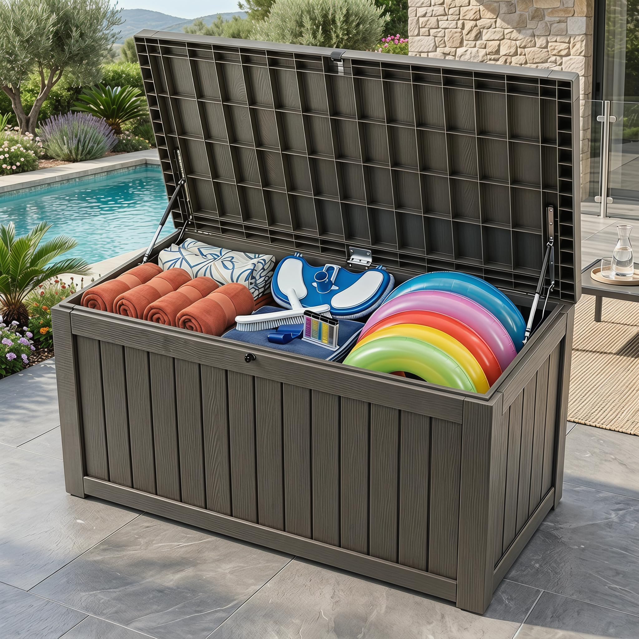 Large 258 Gallon Resin Deck Box, Heavy Duty Lockable Patio Storage Box Outdoor, Waterproof Tool Box for Garden Furniture Cushions &amp; Pool Supplies, Wood Grain Outdoor Storage Bench for Backyard