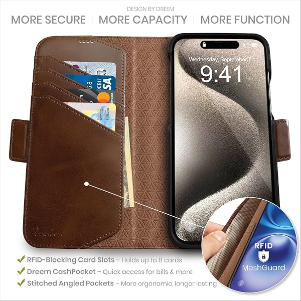 dreem Wallet Case for iPhone 15 Pro Max, Revolutionary Vert/Hor Phone Stand, Magnetic Detachable Vegan Leather Flip Cover RFID Blocking Card Holder, MagSafe-Fit, Gift Box [Fibonacci: Chocolate] - 2