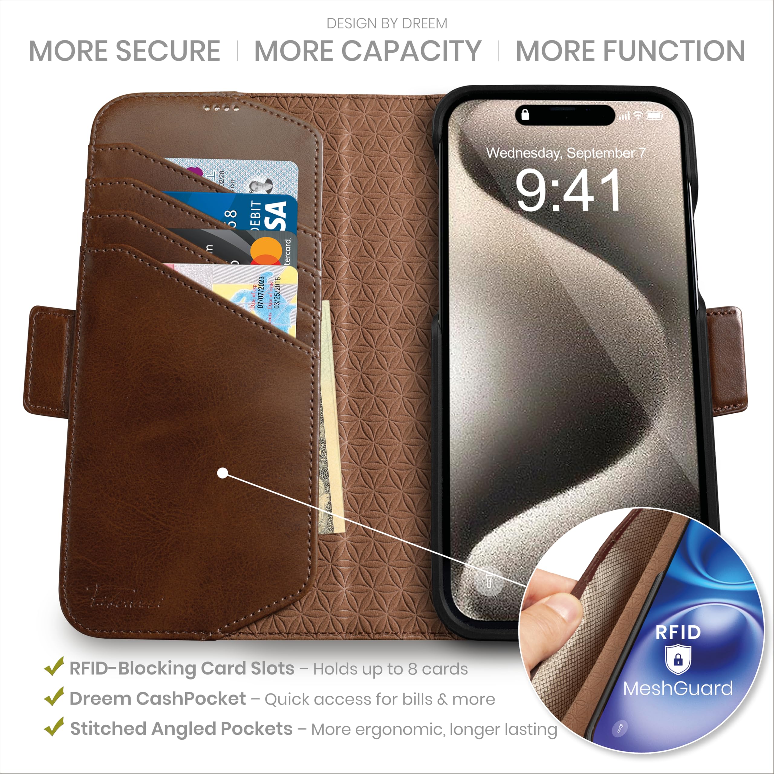 dreem Wallet Case for iPhone 15 Pro Max, Revolutionary Vert/Hor Phone Stand, Magnetic Detachable Vegan Leather Flip Cover RFID Blocking Card Holder, MagSafe-Fit, Gift Box [Fibonacci: Chocolate] - 2