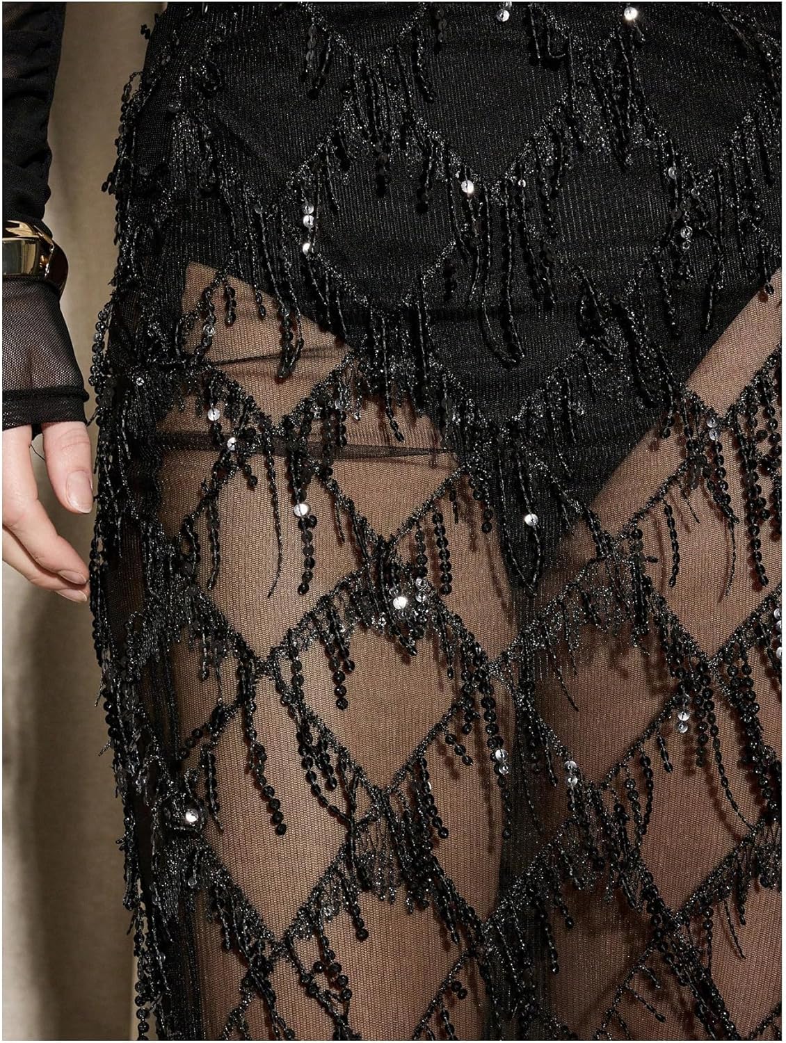 MakeMeChic Women's Sequin Midi Skirts Sheer Fringe Glitter Sparkly Party Club Cover Up Pencil Skirts