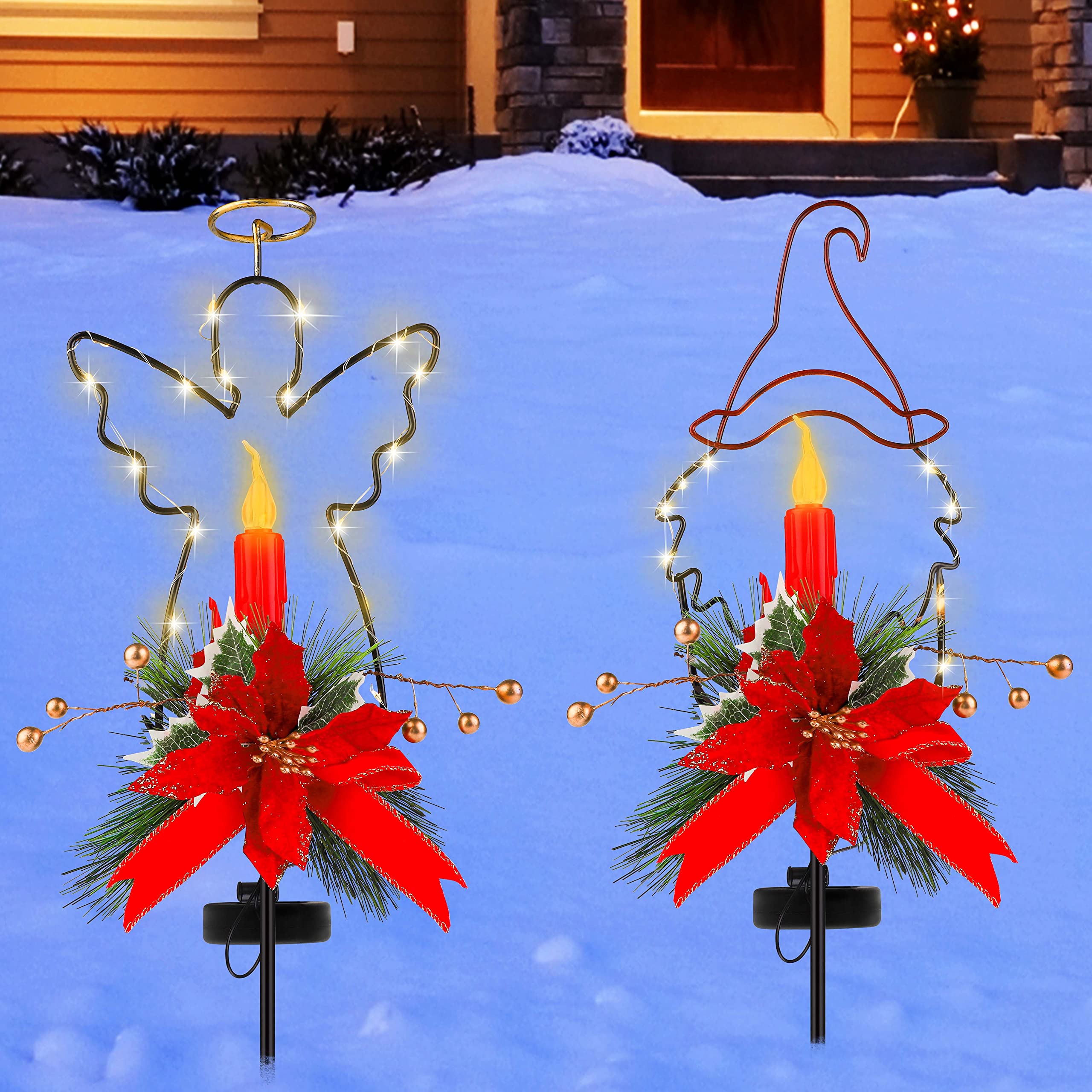 Aneco 31.5 Inches Outdoor Christmas Garden LED Solar Yard Stakes Waterproof Christmas Winter Garden Solar Stake Decor Gnomes Angel Metal Yard Stakes with LED Lights