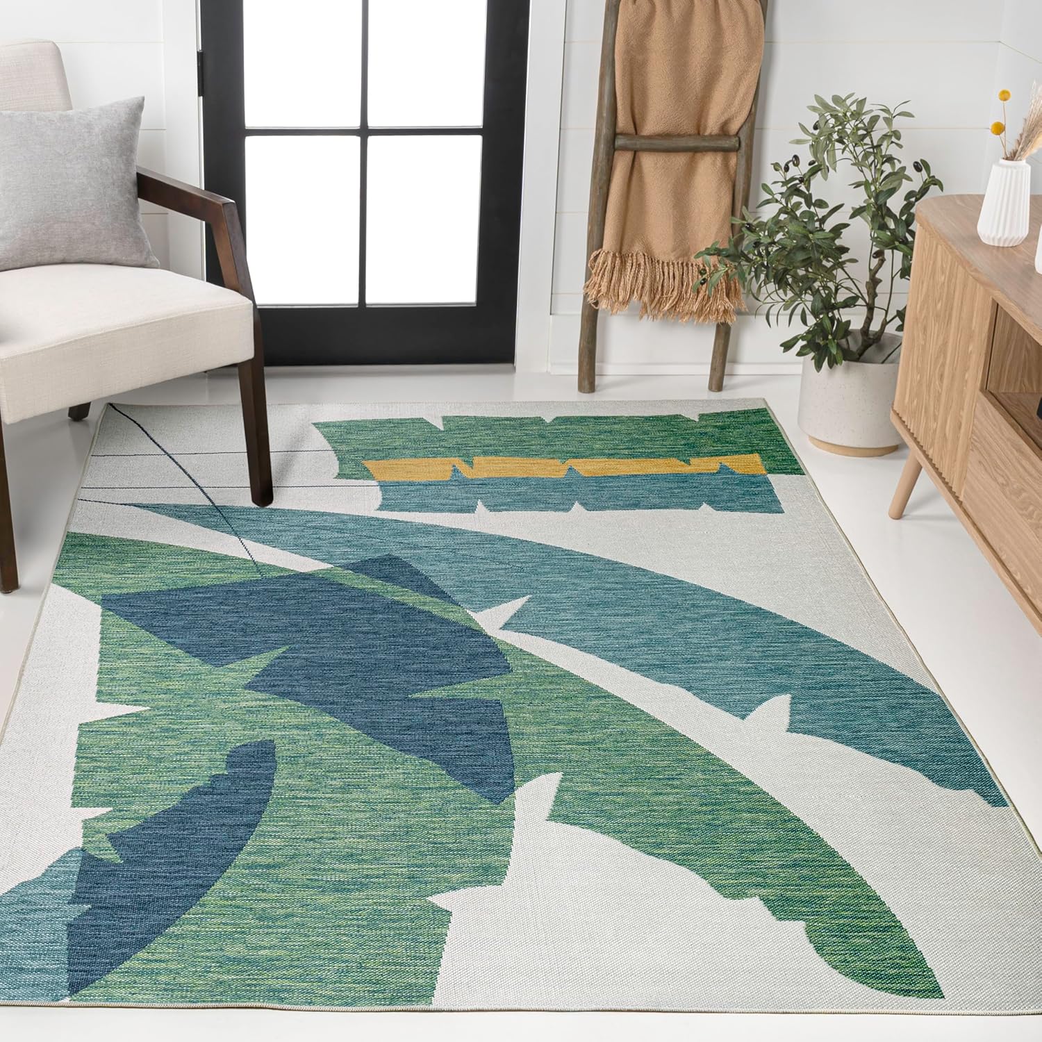JONATHAN Y Abstract Palm Leaf Indoor Outdoor Area Rug 8X10 Green/Cream, Shelby Coastal Vintage for Backyard, Patio, Porch, Easy-Cleaning, High Traffic, Pet-Friendly, Non-Shedding (TSN403B-8)