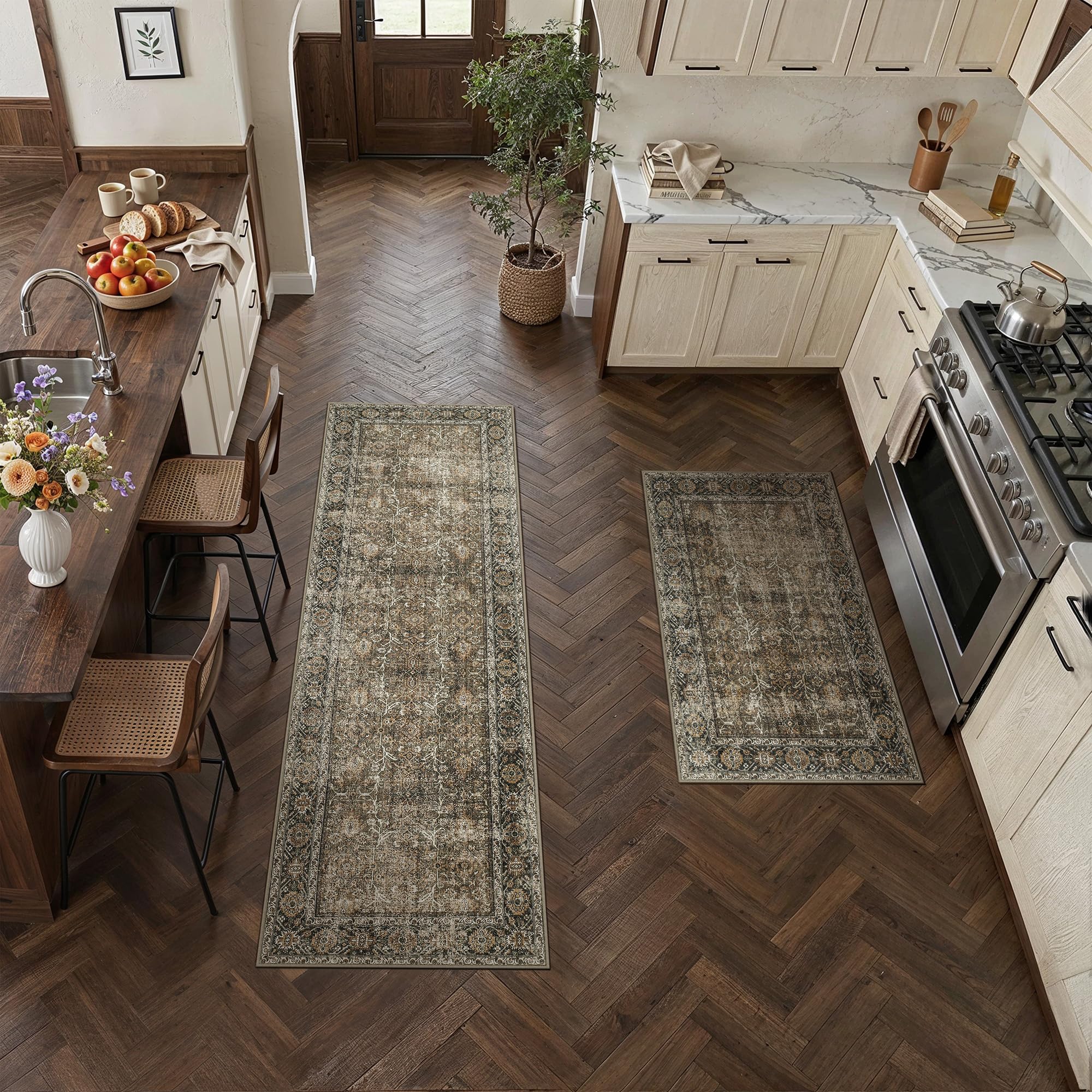 PureCozy Brown Kitchen Rug Set 2 Piece 2x3+2x6 Vintage Distressed