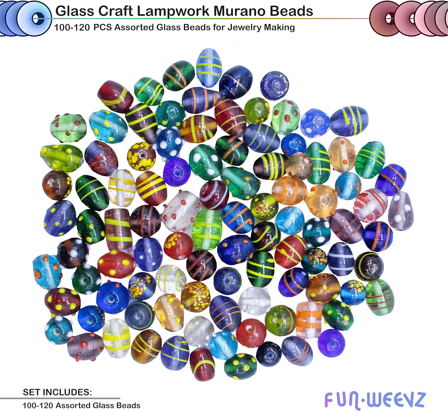 Fun-Weevz Assorted Glass Beads for Jewelry Making Adults, Bulk Glass Beads for Crafts, Lampwork Murano Bead Mix for Bracelets and Necklaces, Crafting Beads Supplies Kit, Large & Small Beads - Image 4
