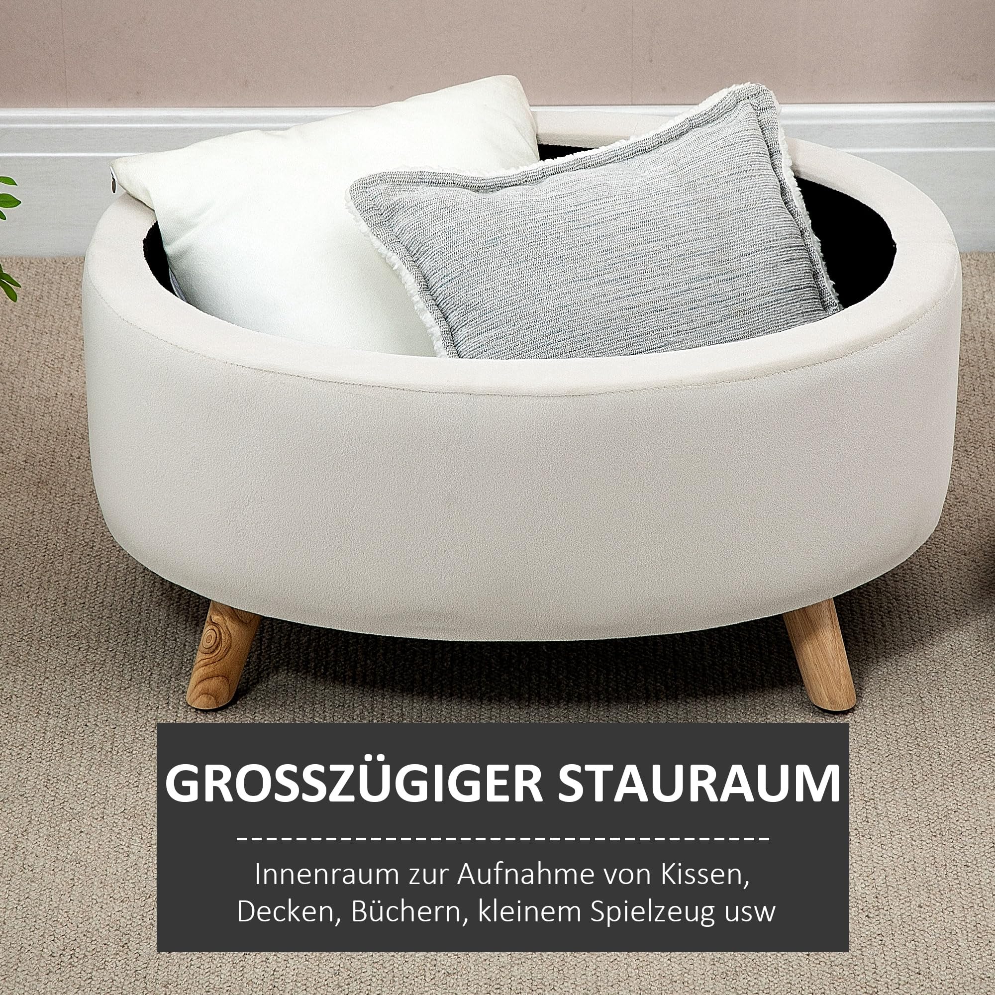 HOMCOM Sitzbank mit Stauraum, Oval Polsterbank mit Deckel, Bettbank mit Samtoptik, für Flur Schlafzimmer Wohnzimmer, Holzbeine 71 x 51,5 x 42 cm Beige