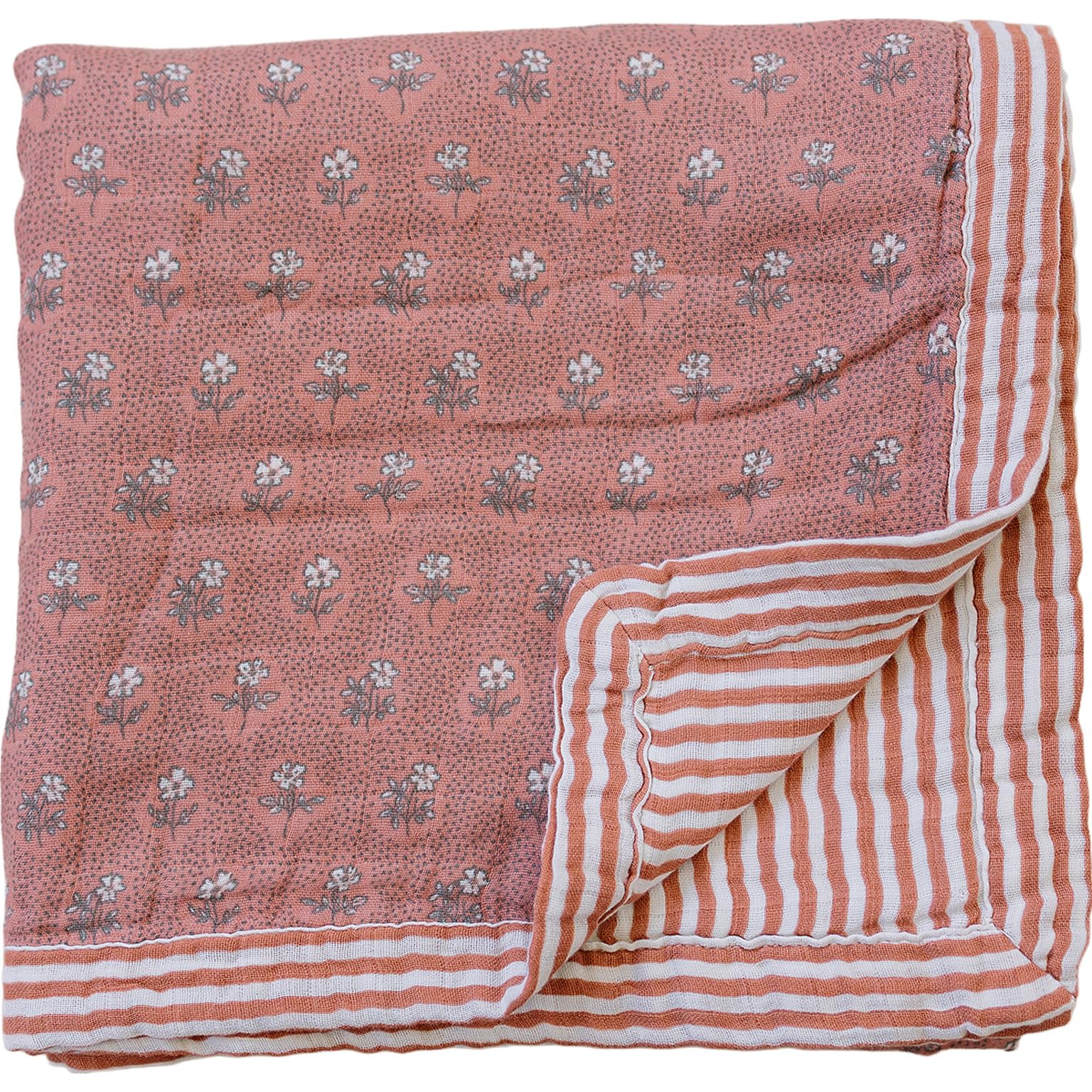 Mebie Baby Muslin Quilt, Vintage Pink Floral Pink Stripes, 100% Cotton Baby Blanket for Girls &amp; Boys, Newborns to Toddler, Soft Swaddle Blanket, 47"x47"