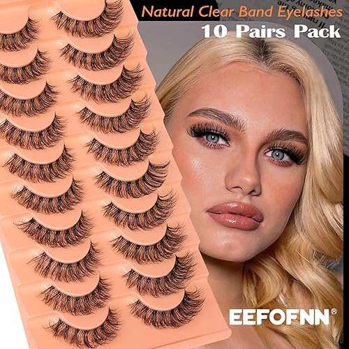 Miniatura 4 de Pestañas postizas naturales rizadas en D, pestañas finas y transparentes, pestañas de volumen de visón sintético, 10 pares por Eefofnn