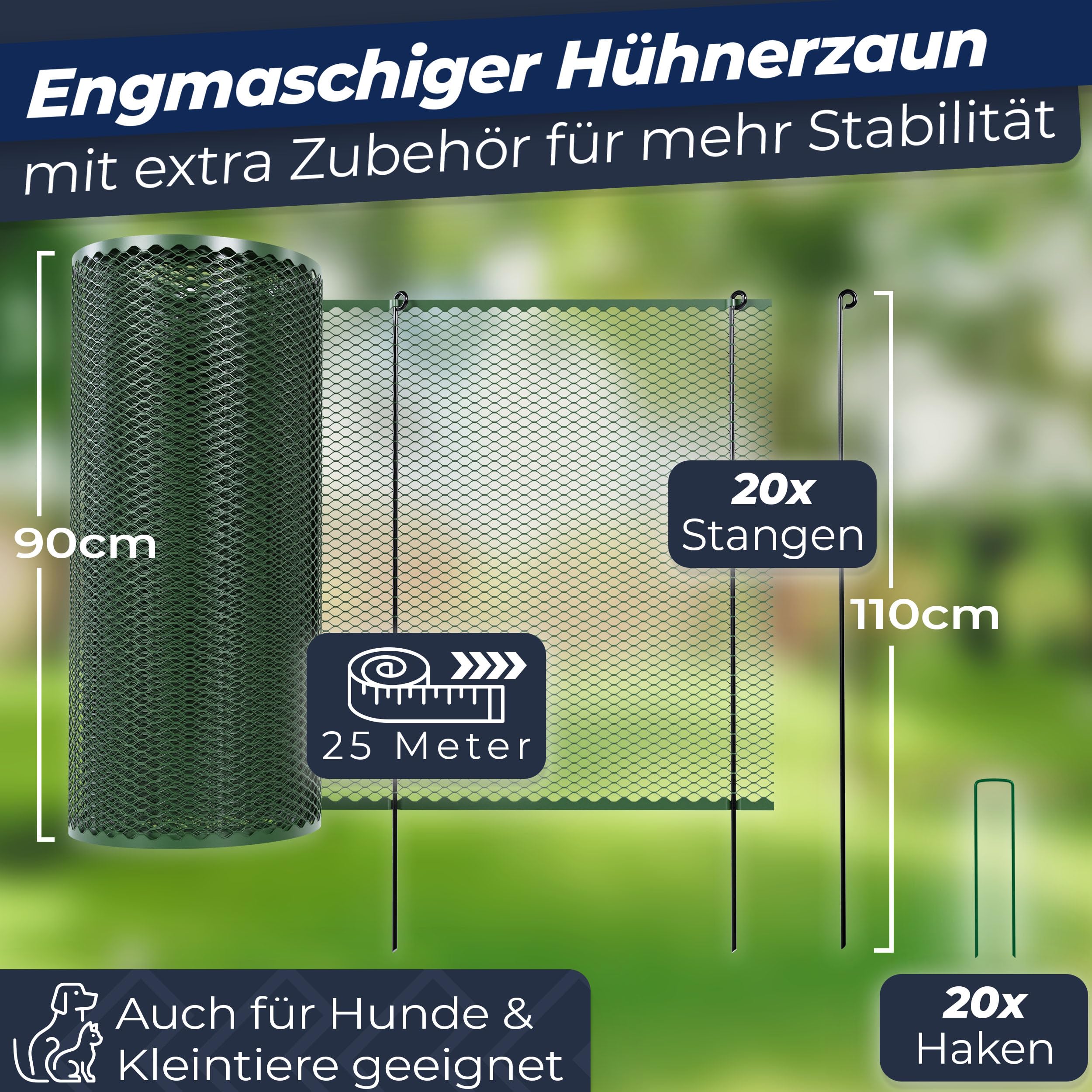Hühnerzaun I 90cm hoch I 25m lang I Der Zaun für Hunde oder Kleintiere ist besonders engmaschig, stabil - kein Durchhängen I 20x Befestigungen I Hundezaun Garten - Grün
