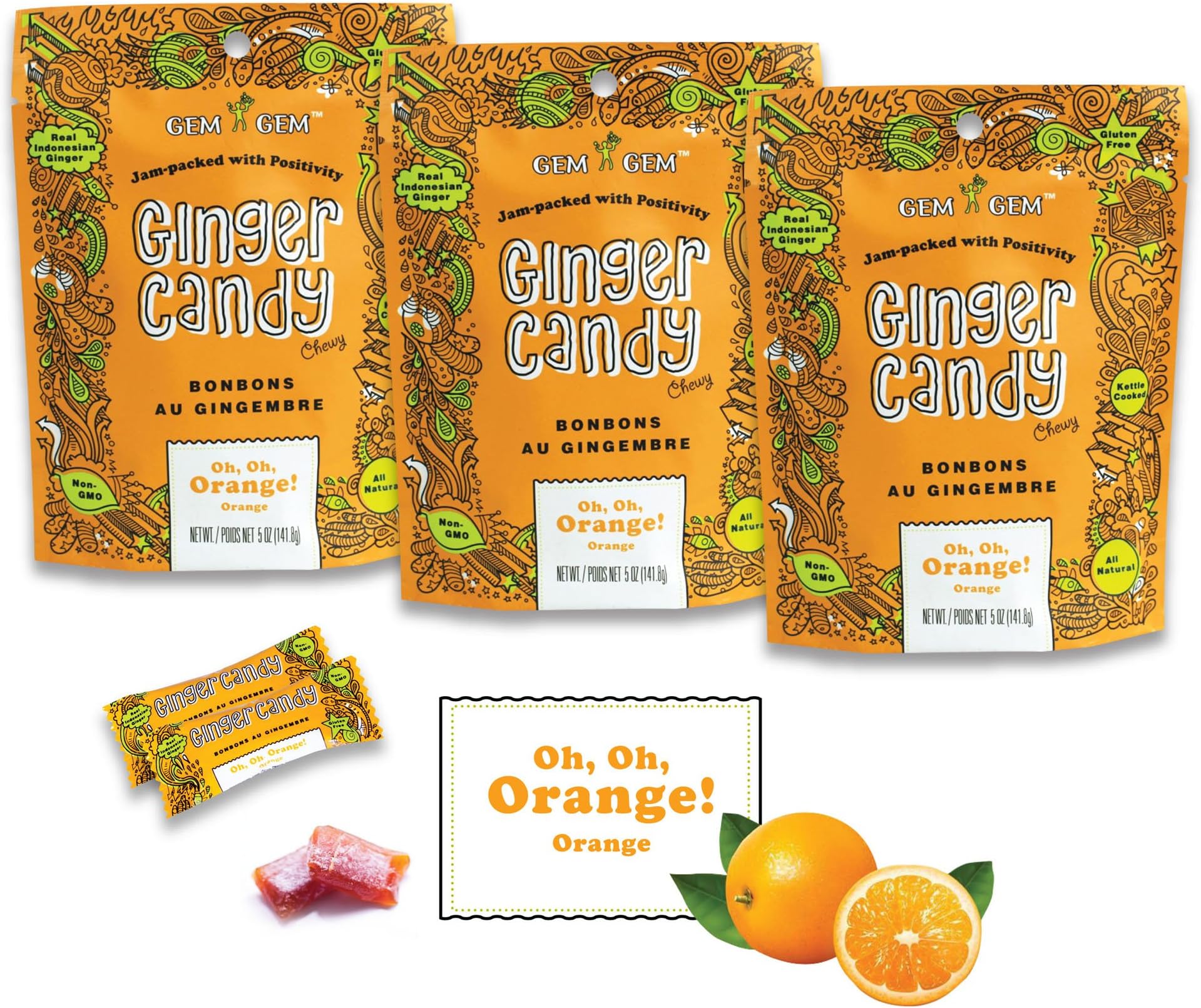 Gem Gem Ginger Candy Chewy Ginger Chews Original, 5.0oz, Pack Of 6