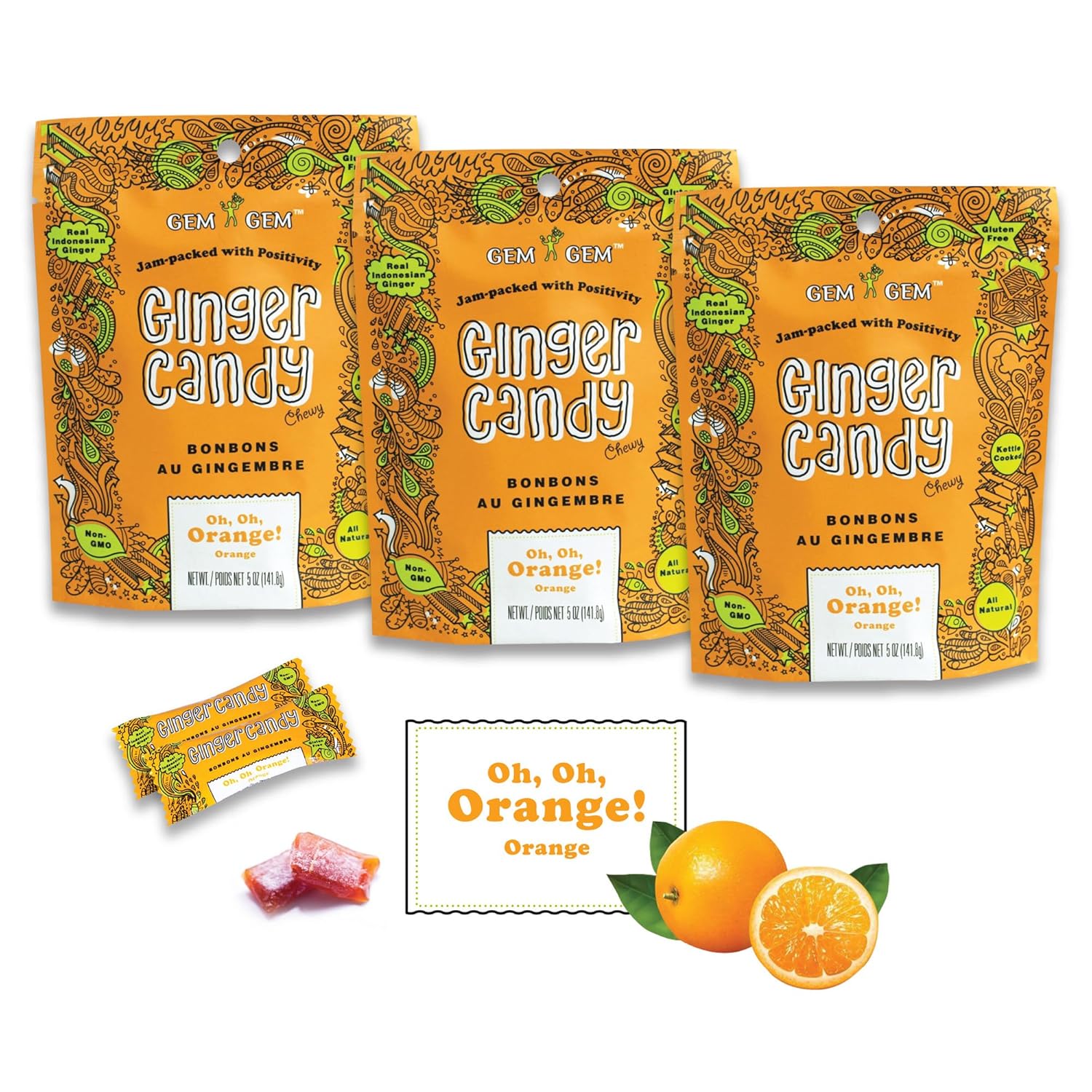 Gem Gem Ginger Candy Chewy Ginger Chews (Orange, 5.0oz