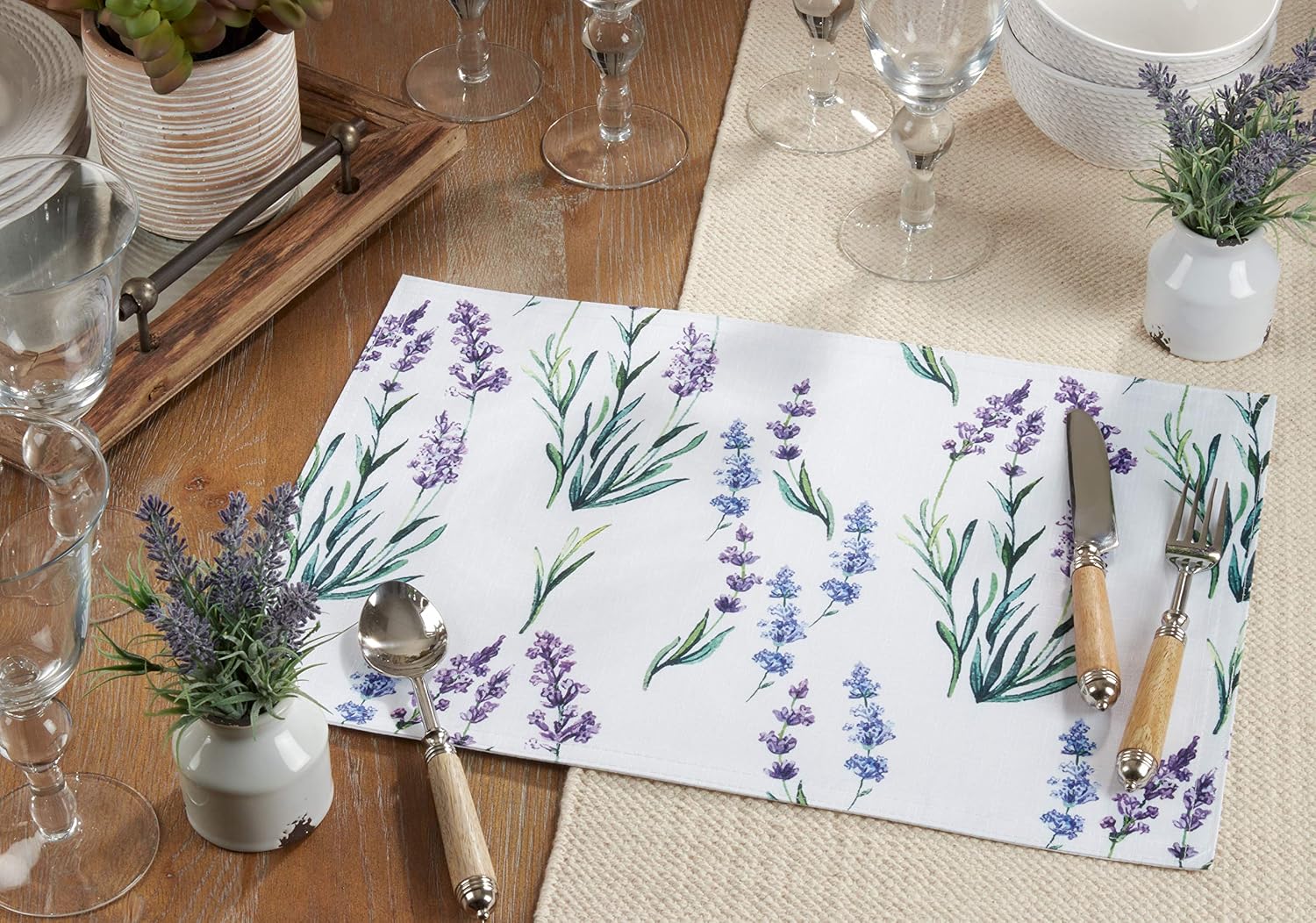 SARO LIFESTYLE Lavender Print Placemat (Set of 4), Lavender, 13"x19"