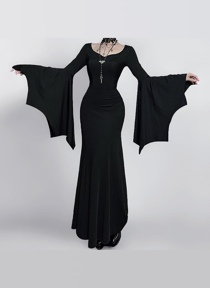 XKBHYD Womens Gothic Maxi Dresses Batwing Sleeve Grunge Punk Dress V-Neck  Vintage Vampire Dress Slim Evening Long Dresses Black : Amazon.co.uk:  Fashion