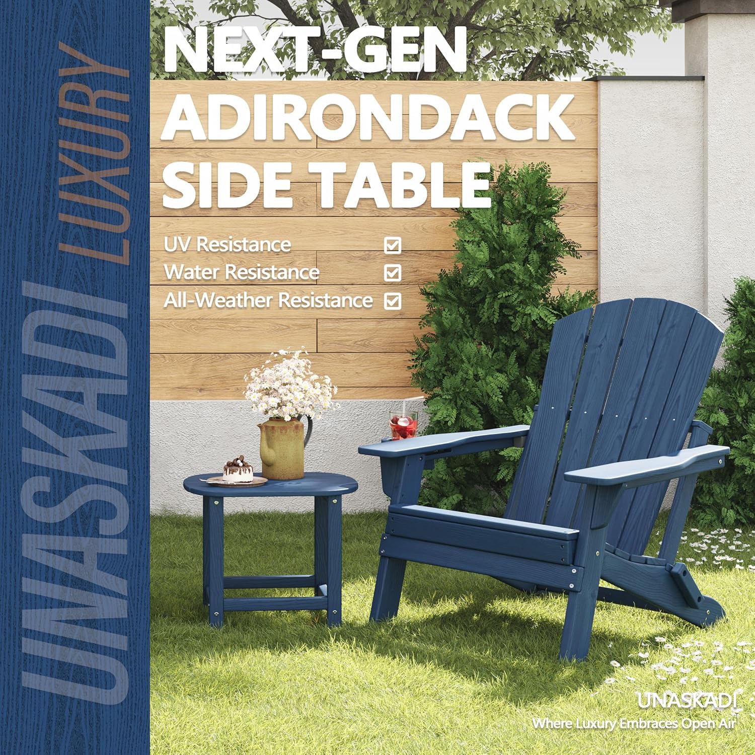 Outdoor Adirondack Side Table for Patio Porch Pool, 18" HDPE Weather Resistant End Table for Backyard and Indoor Use, Easy Maintenance & Indoor Outdoor Durable Construction(Navy Blue)