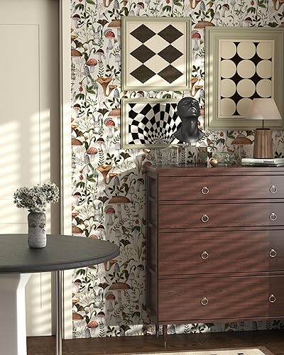 Miniatura 10 de MILEPER Papel tapiz de hongos para despegar y pegar, papel tapiz negro bohemio de 17.7 x 393 pulgadas, papel tapiz autoadhesivo extraíble, papel