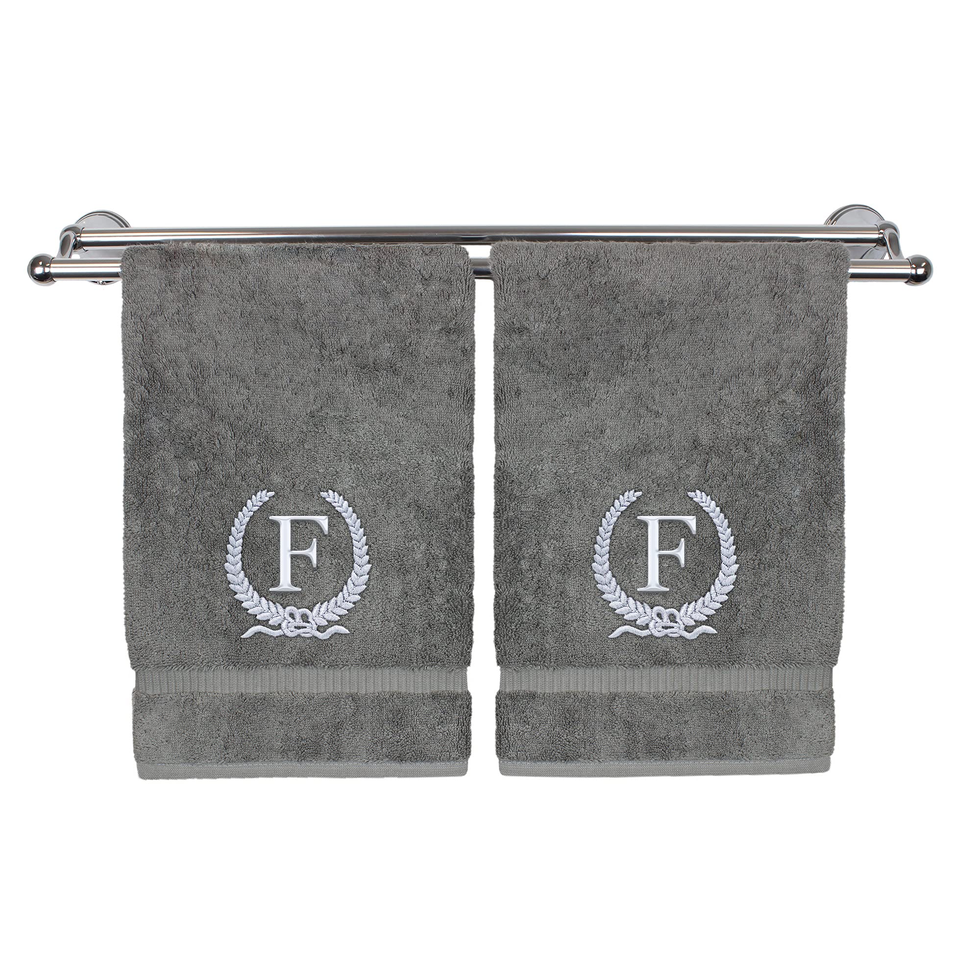 Monogrammed Hand Towel, Personalized Gift, 16 x 30 Inches - Silver Letter Embroidered with Wreath Design on Gray Towel - Extra Absorbent - 100%