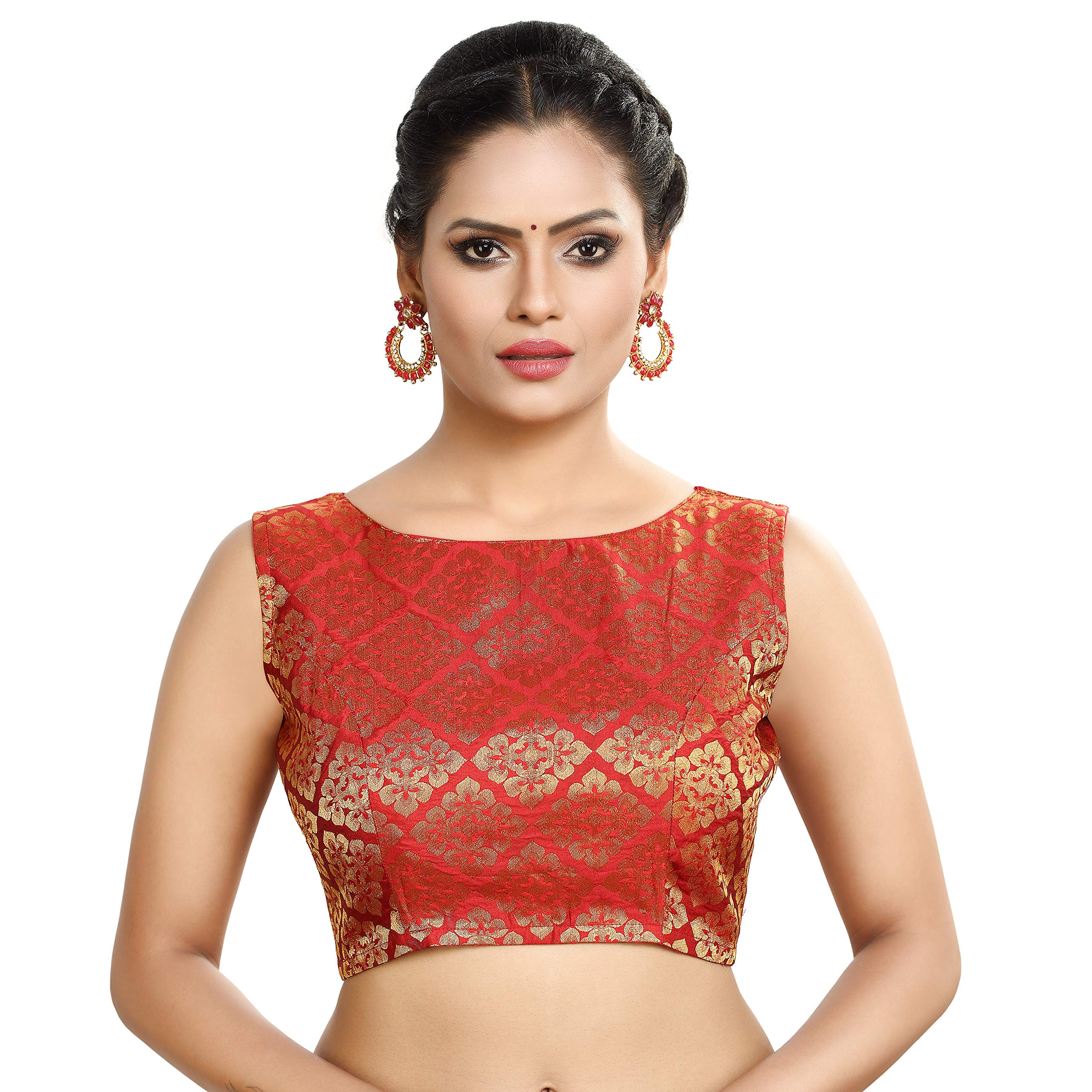 Madhu FashionWomens Banaras Brocade Readymade Stitched Sleeveless Saree Blouse