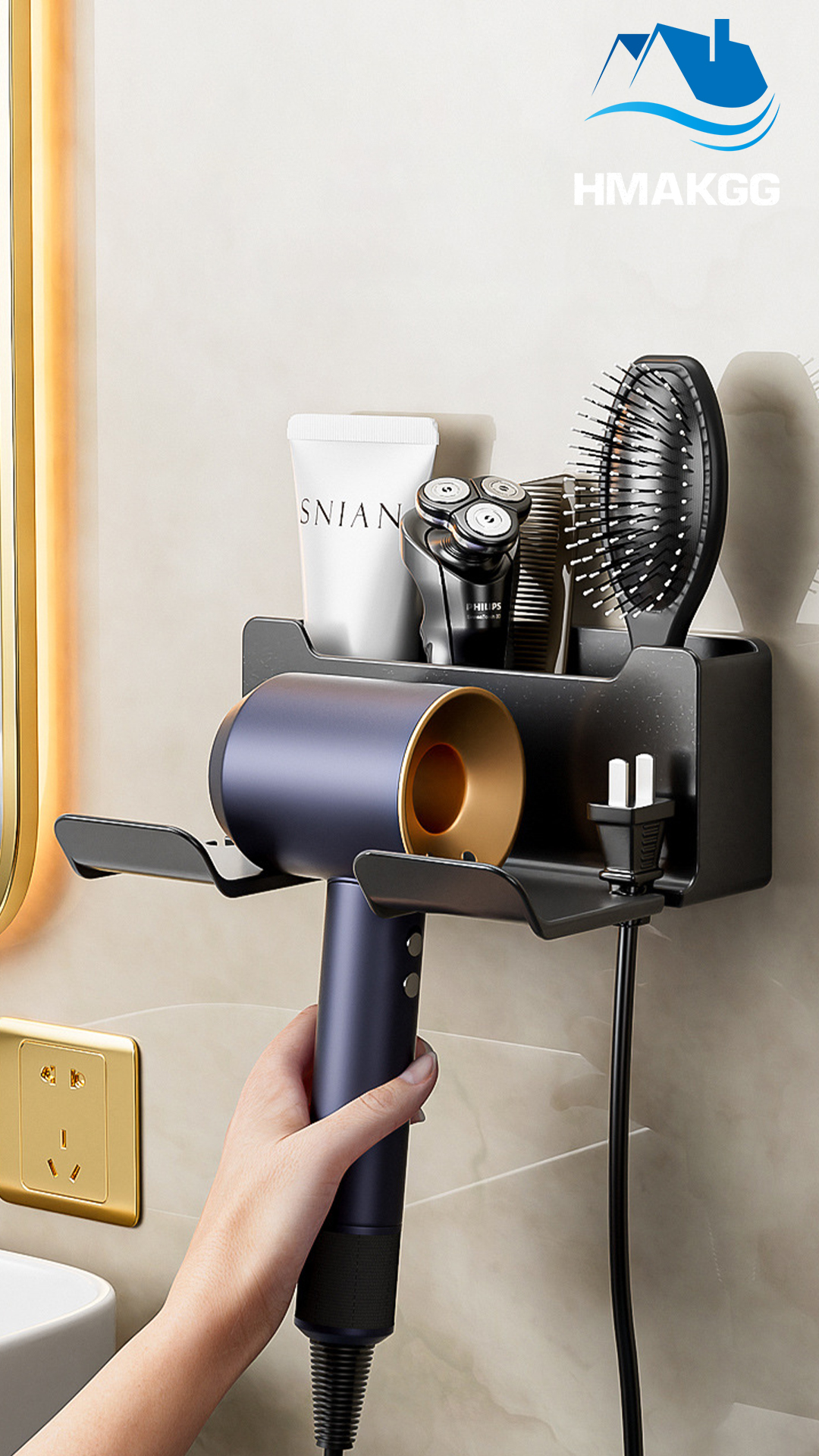 Fönhalter Ohne Bohren Schwarz - Selbstklebend Für Fliesen & Glas Aluminium