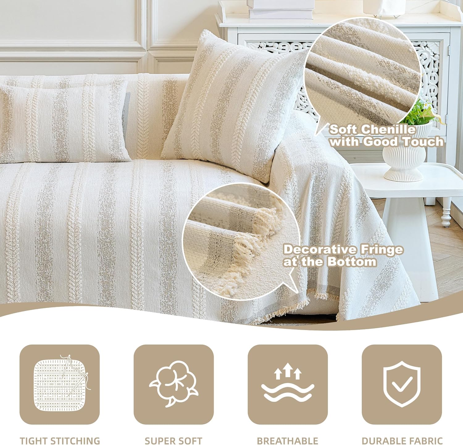 Couch Cover for Dogs Washable Sofa Cover, Sectional Couch Covers, Sofa Covers for 2 Cushion Couch, Non Slip Stripe Sofa Slipcovers Furniture Protector (Beige, 91 * 150)